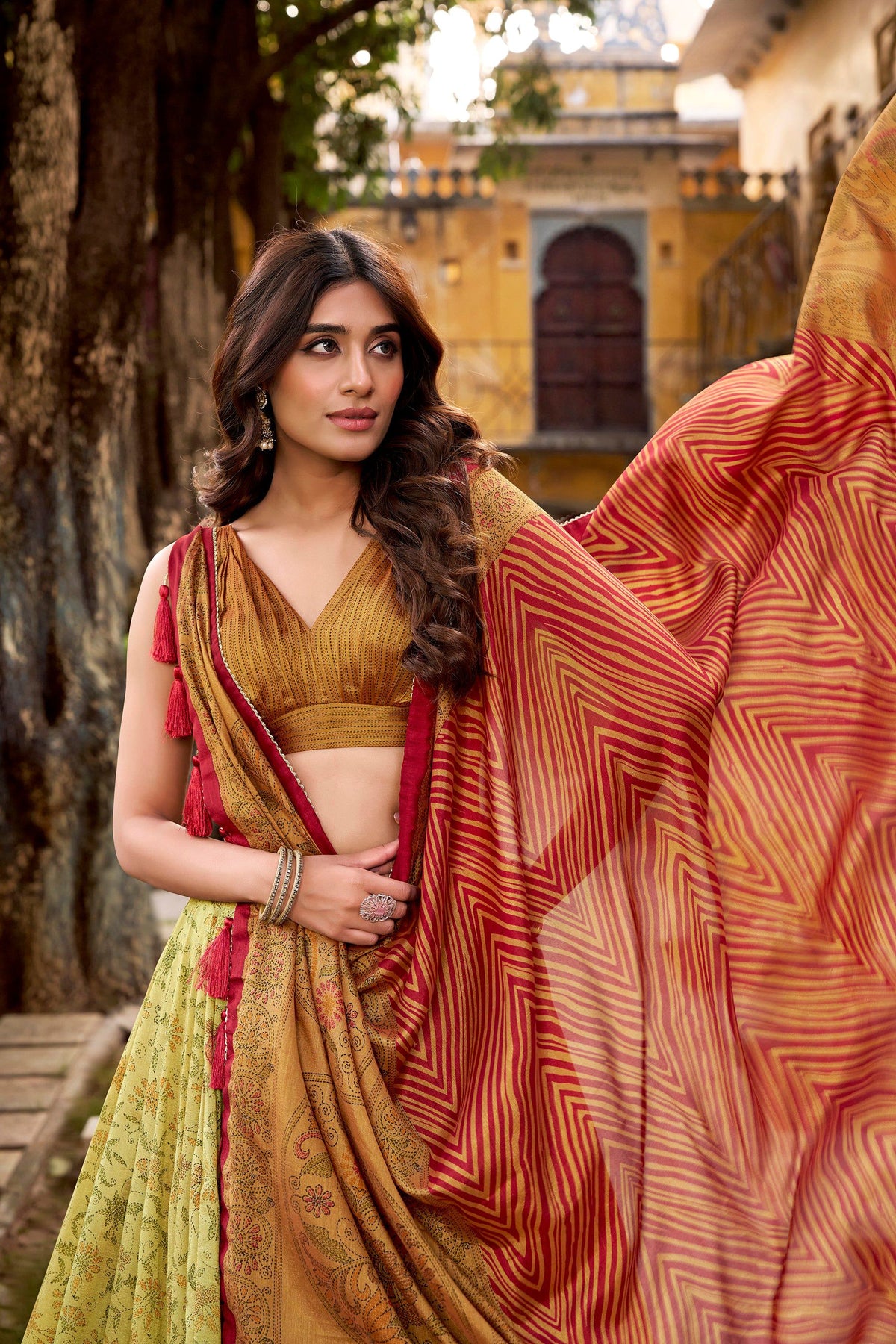 Multicolor Vichitra Silk Printed Lehenga Choli with Dupatta Set