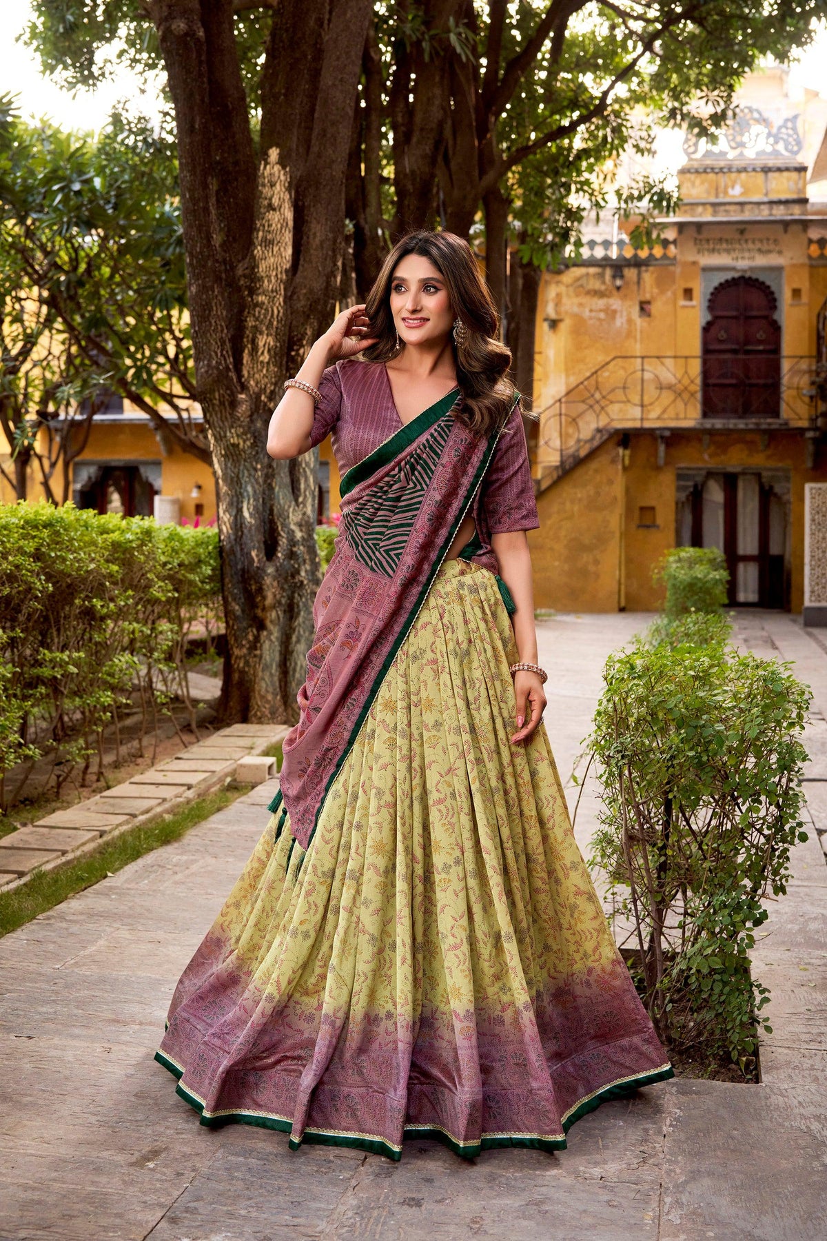Multicolor Vichitra Silk printed lehenga choli set with matching dupatta