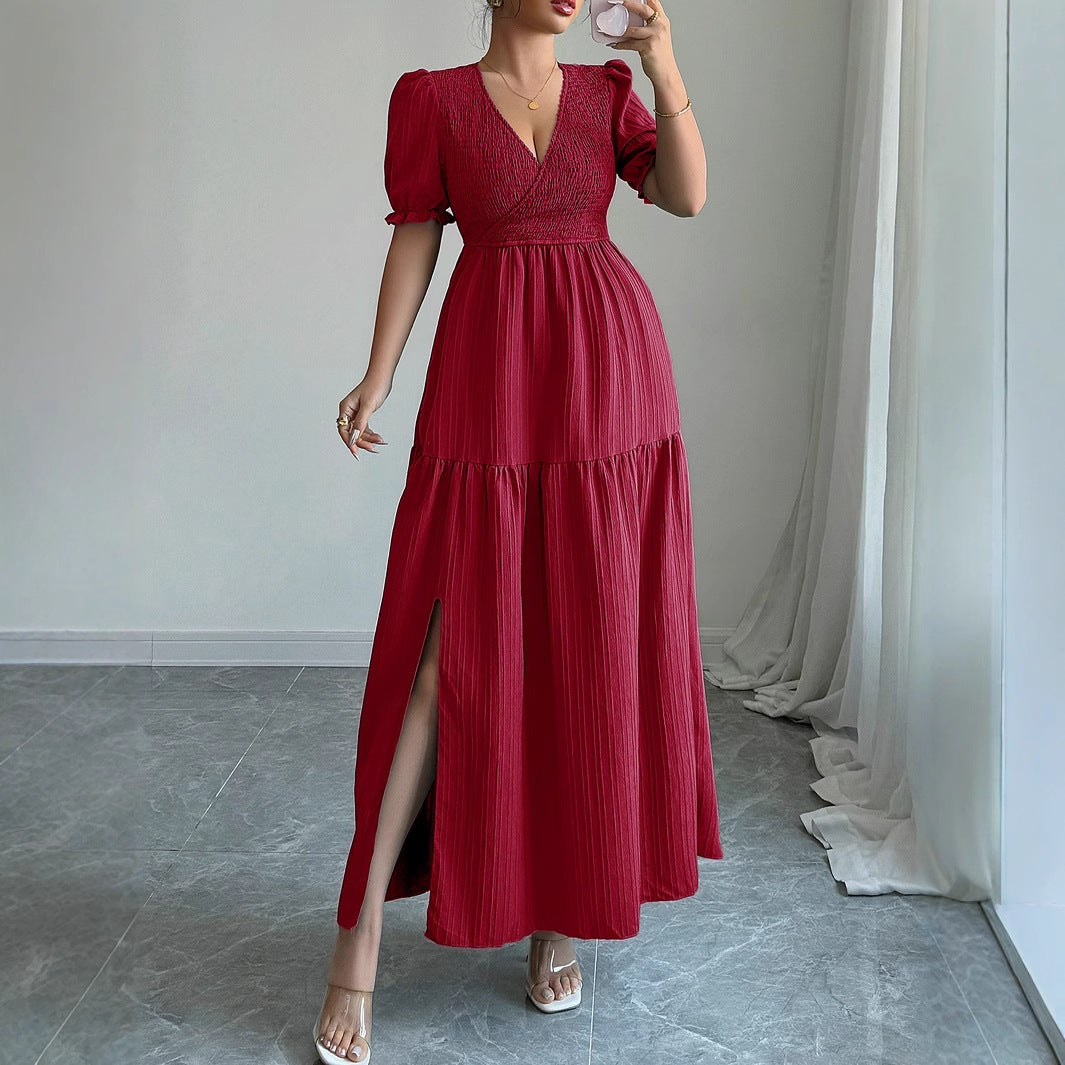 Deep V-neck high waist A-line dress available in multiple solid colors