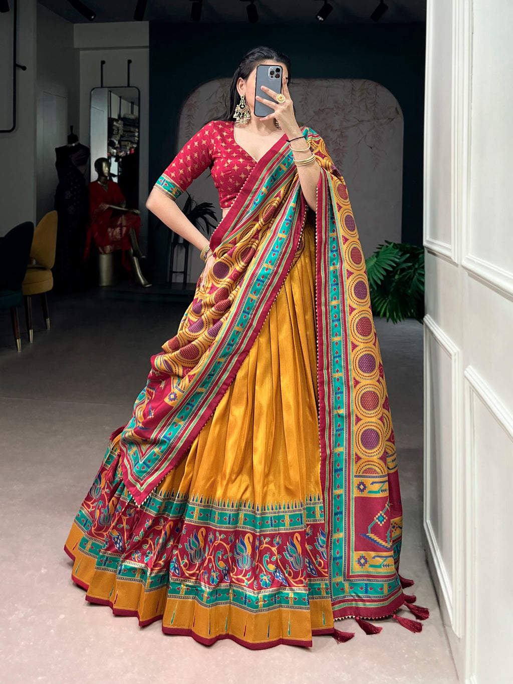 Mustard Tasar Silk printed lehenga choli with sparkle dupatta detailing