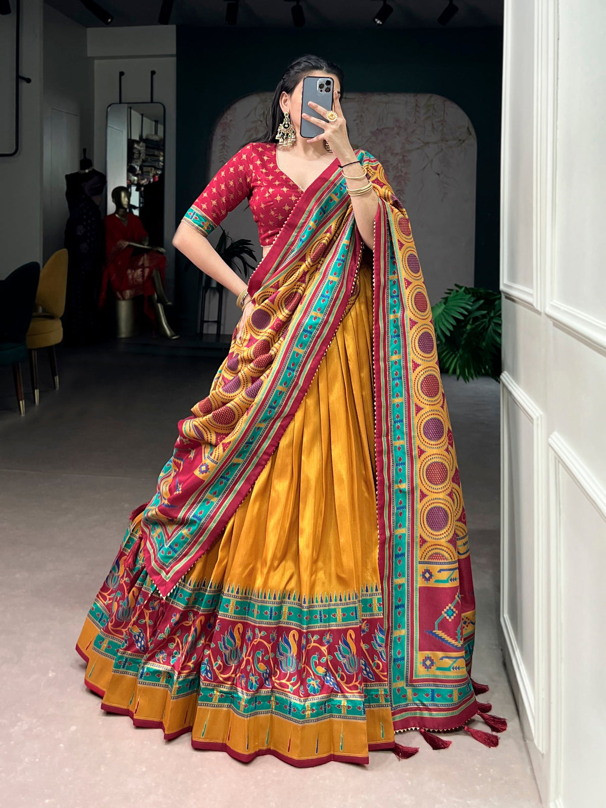 Mustard Tasar Silk printed lehenga choli with sparkle dupatta detailing
