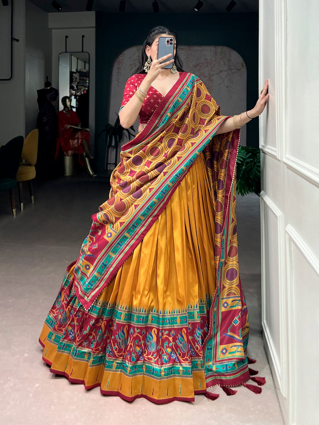 Mustard Tasar Silk Printed Lehenga Choli with Sparkle Dupatta