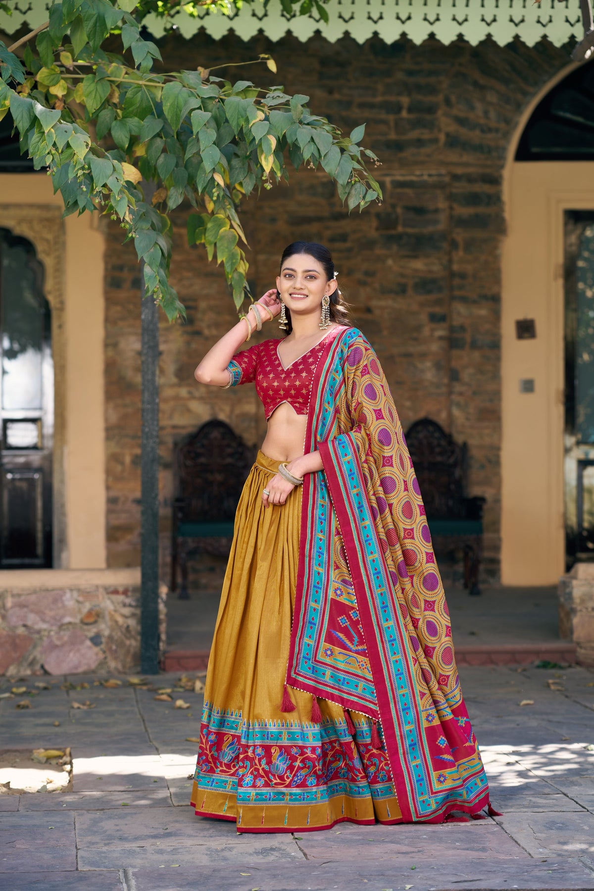 Mustard Tasar Silk Lehenga Choli with sparkle detail and matching dupatta