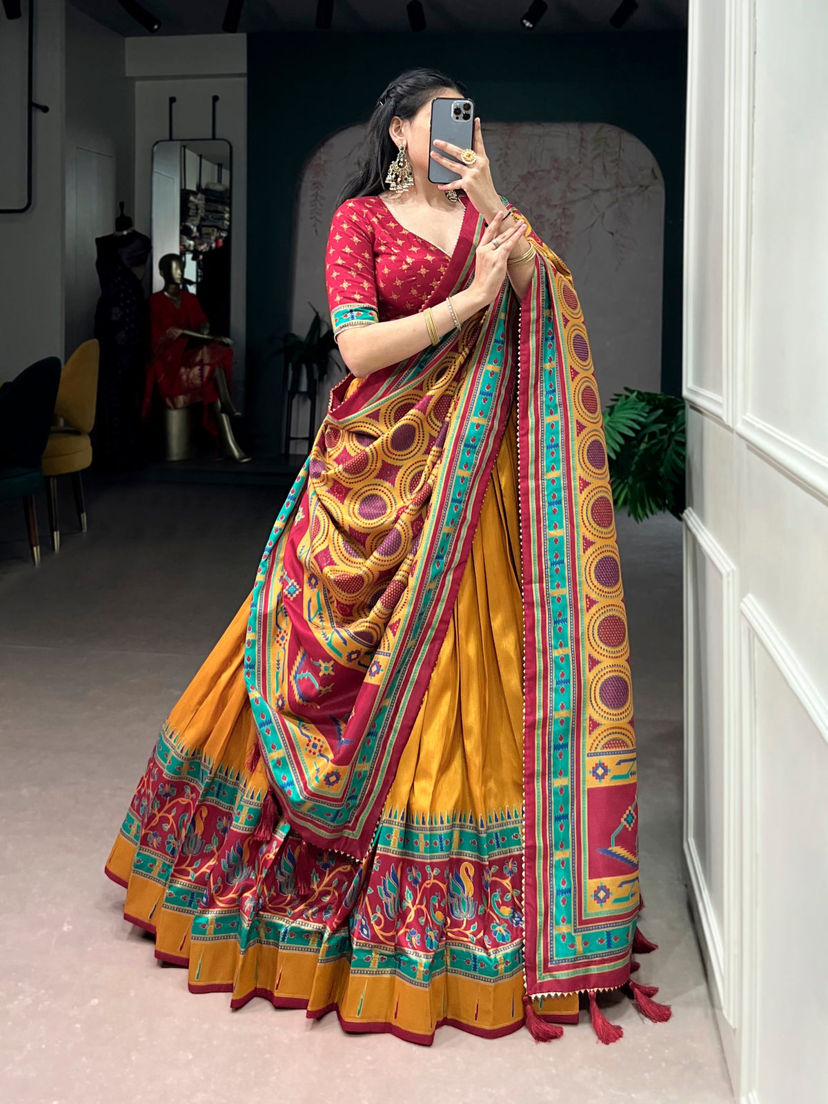Mustard Tasar Silk Printed Lehenga Choli with Sparkle Dupatta