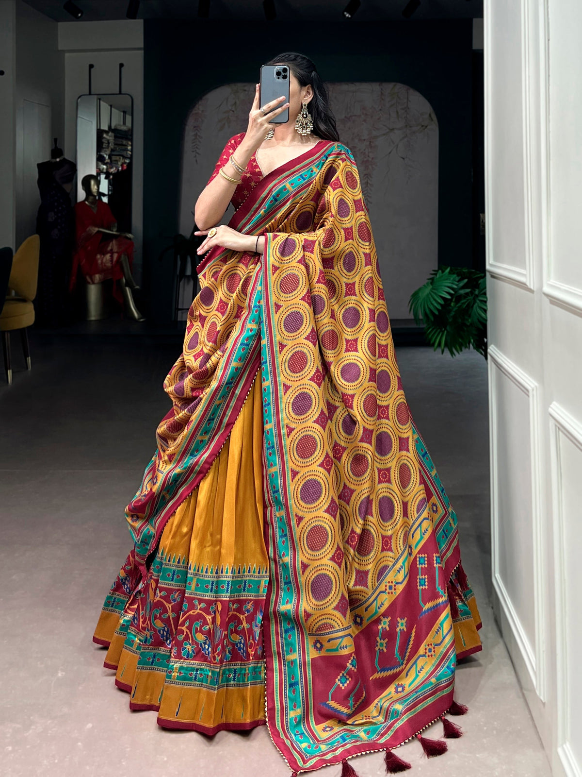 Mustard Tasar Silk Printed Lehenga Choli with Sparkle Dupatta