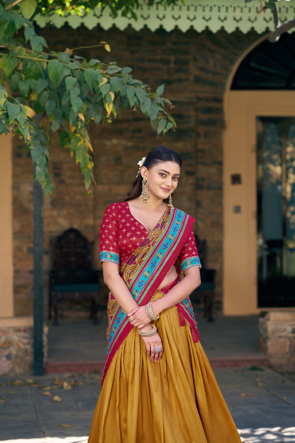 Mustard Tasar Silk Lehenga Choli Set with Iconic Sparkle Accents