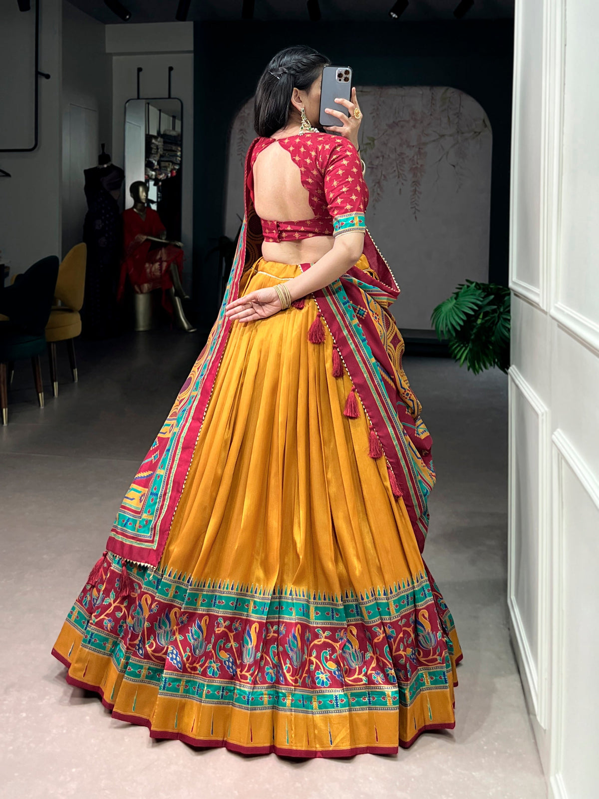 Mustard Tasar Silk Printed Lehenga Choli with Sparkle Dupatta