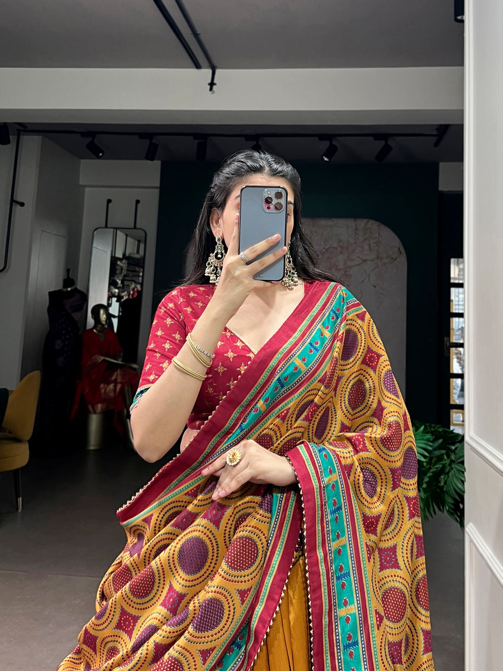 Mustard Tasar Silk Printed Lehenga Choli with Sparkle Dupatta