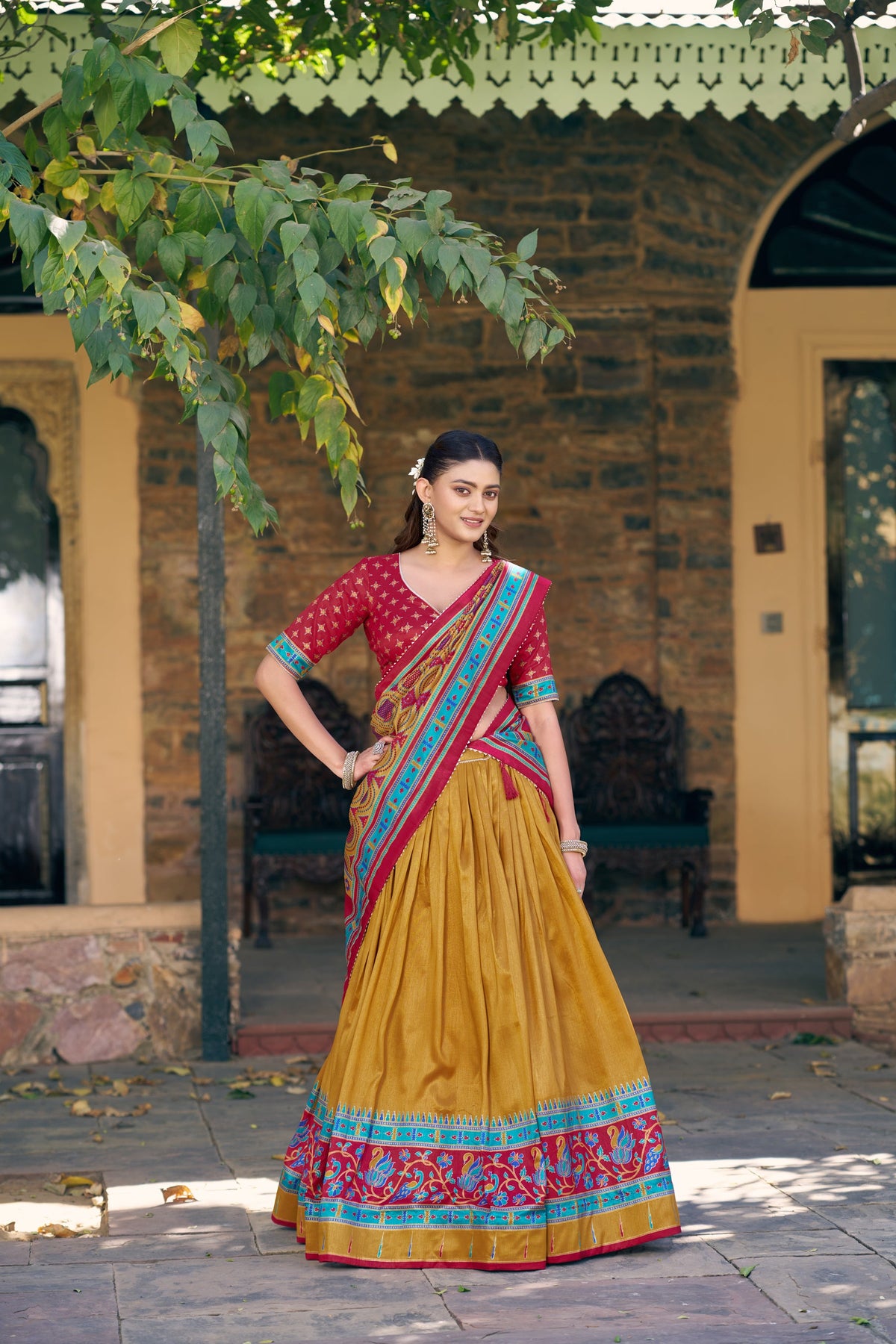 Mustard Tasar Silk Lehenga Choli Set with Iconic Sparkle Accents