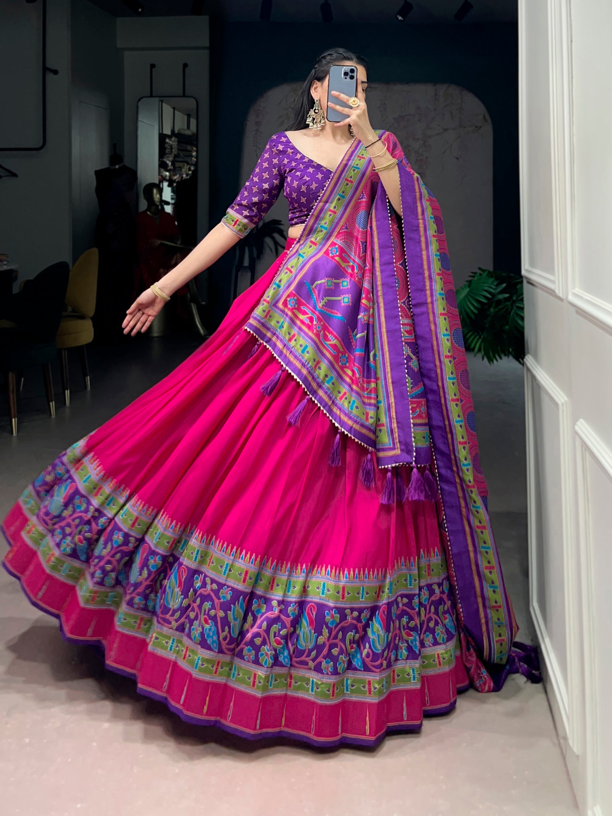 Pink Tasar Silk Printed Lehenga Choli with Sparkle Embellishment