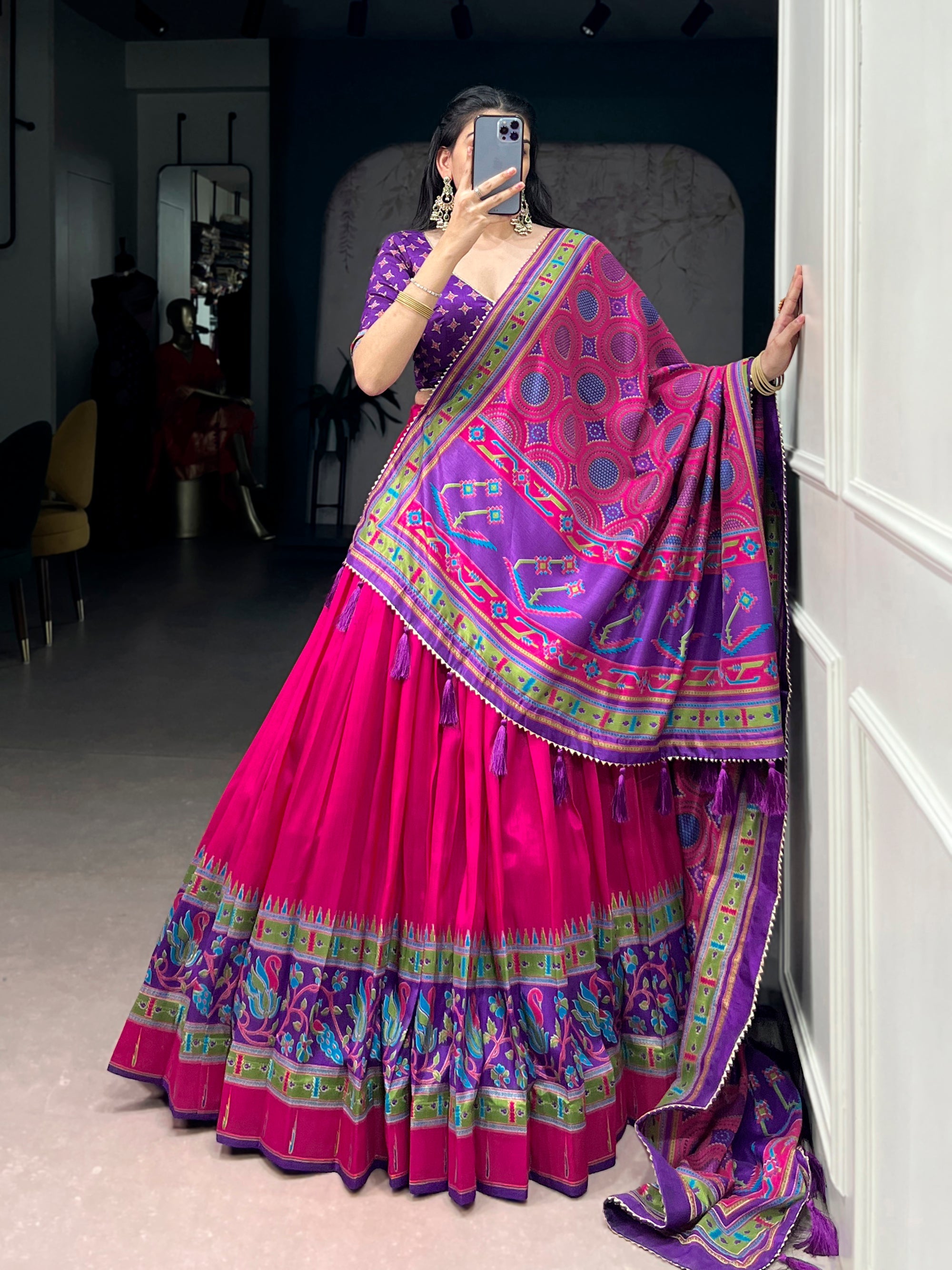 Pink Tasar Silk Printed Lehenga Choli with Sparkle Embellishment