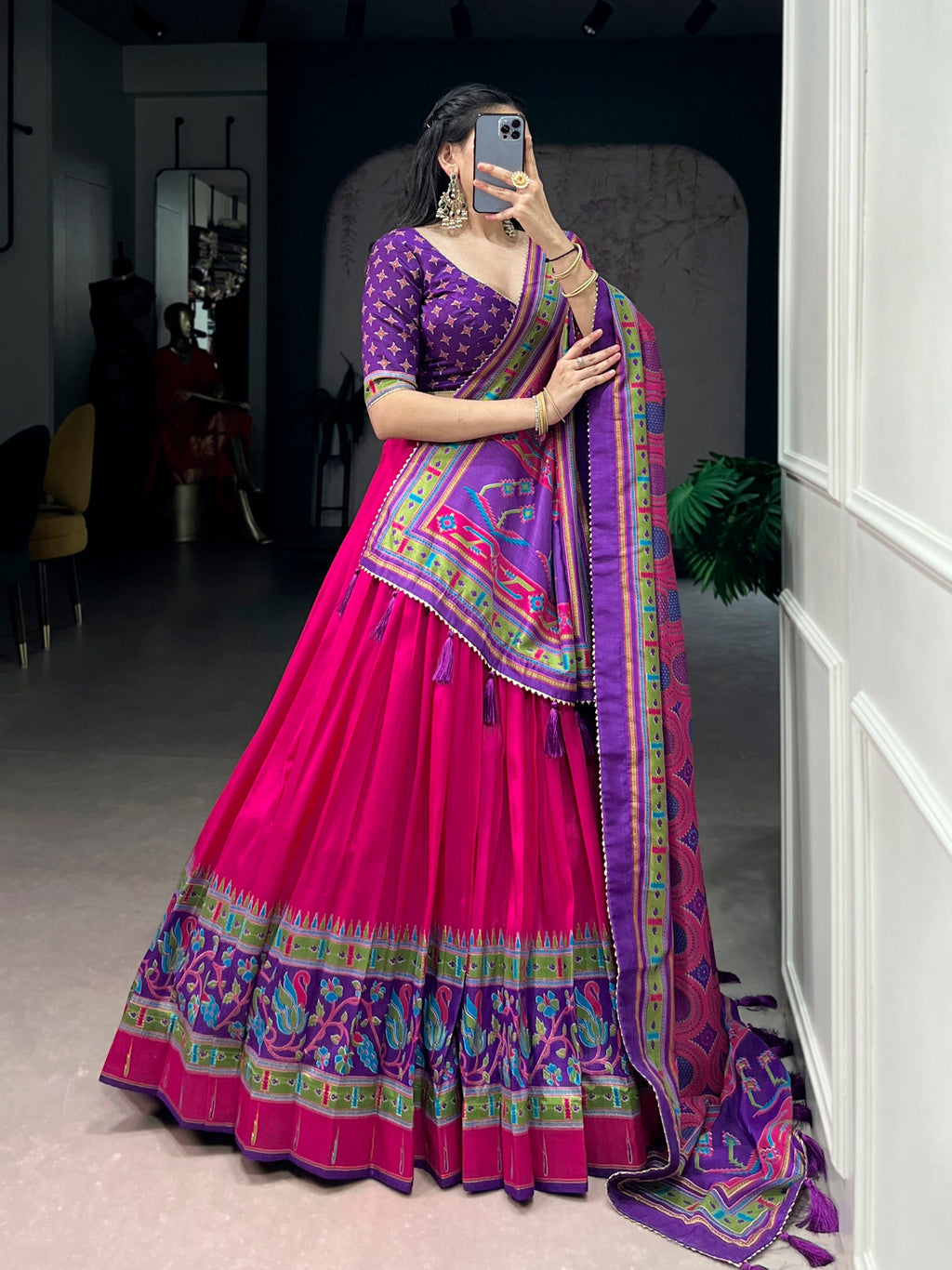 Pink Tasar Silk Printed Lehenga Choli with Sparkle Embellishment