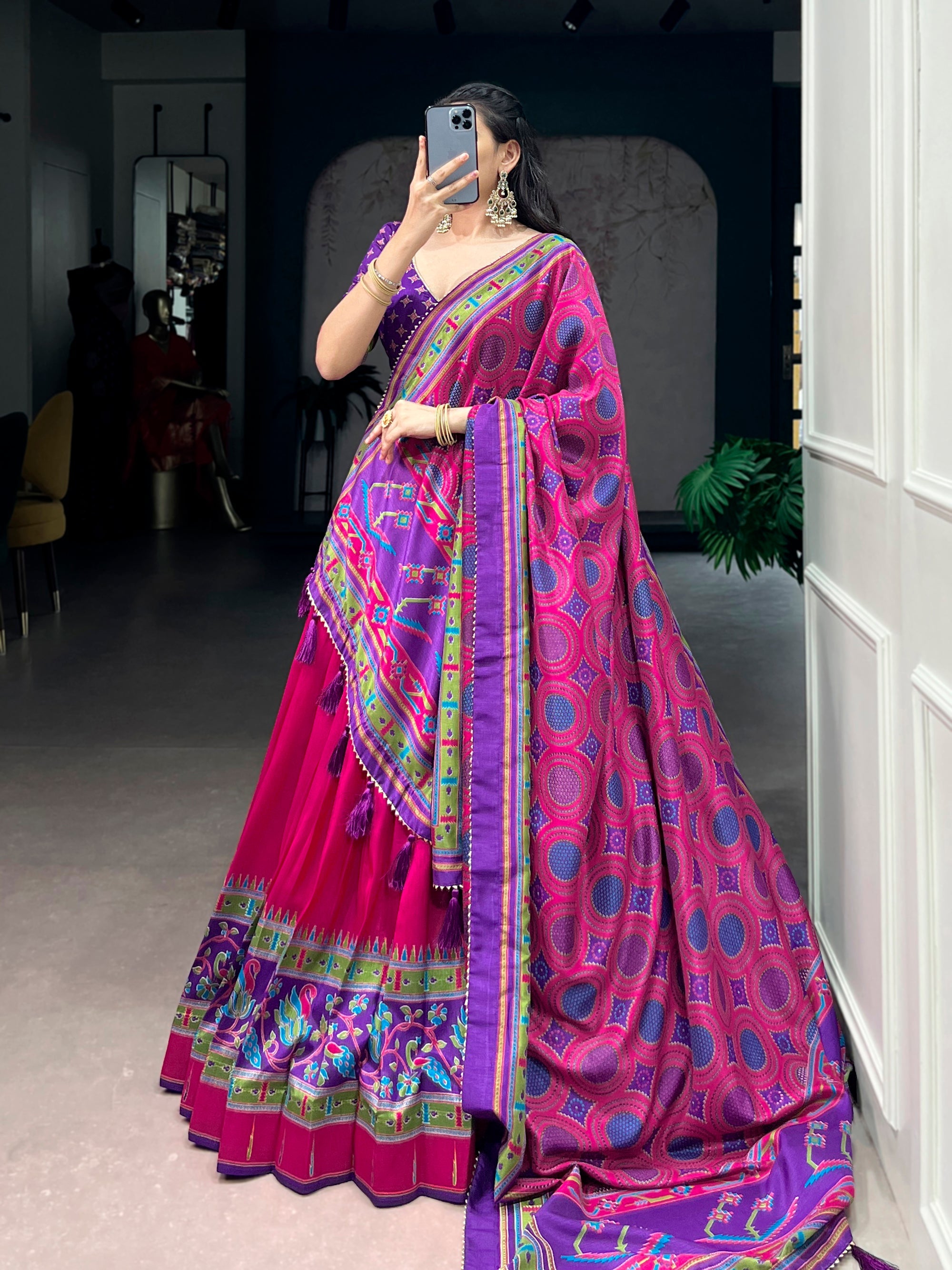 Pink Tasar Silk Printed Lehenga Choli with Sparkle Embellishment