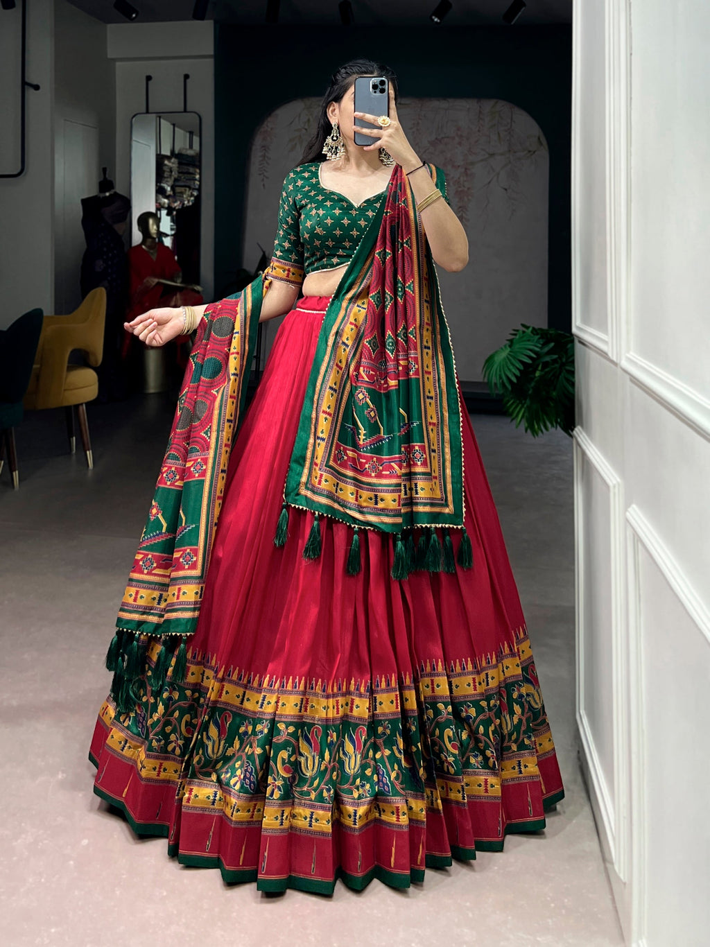 Red Tasar Silk Printed Lehenga Choli with Iconic Sparkle
