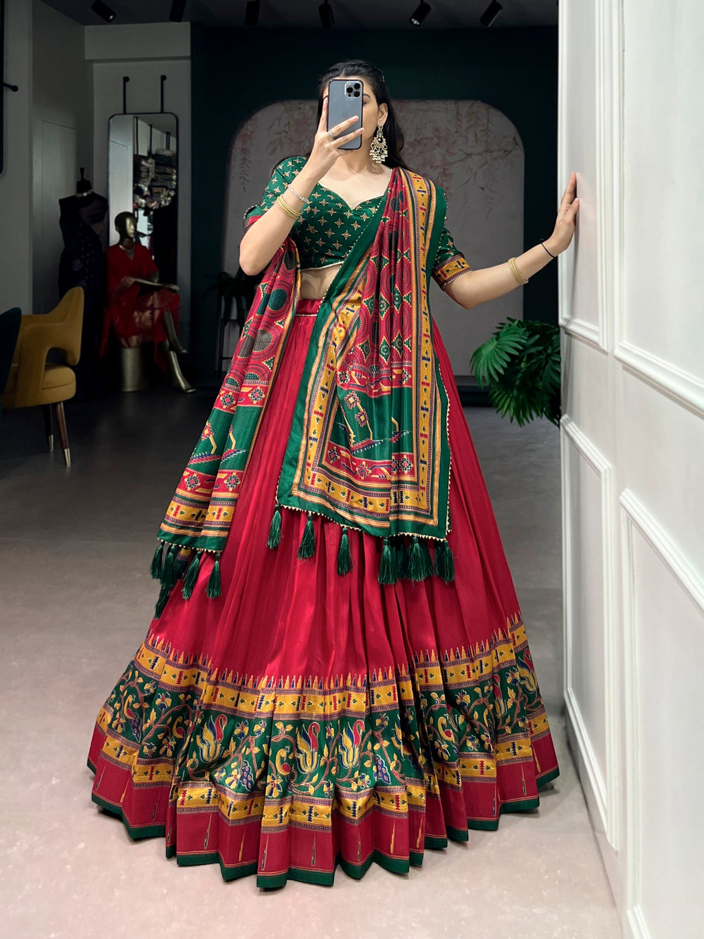 Red Tasar silk lehenga choli with iconic sparkle print and matching dupatta