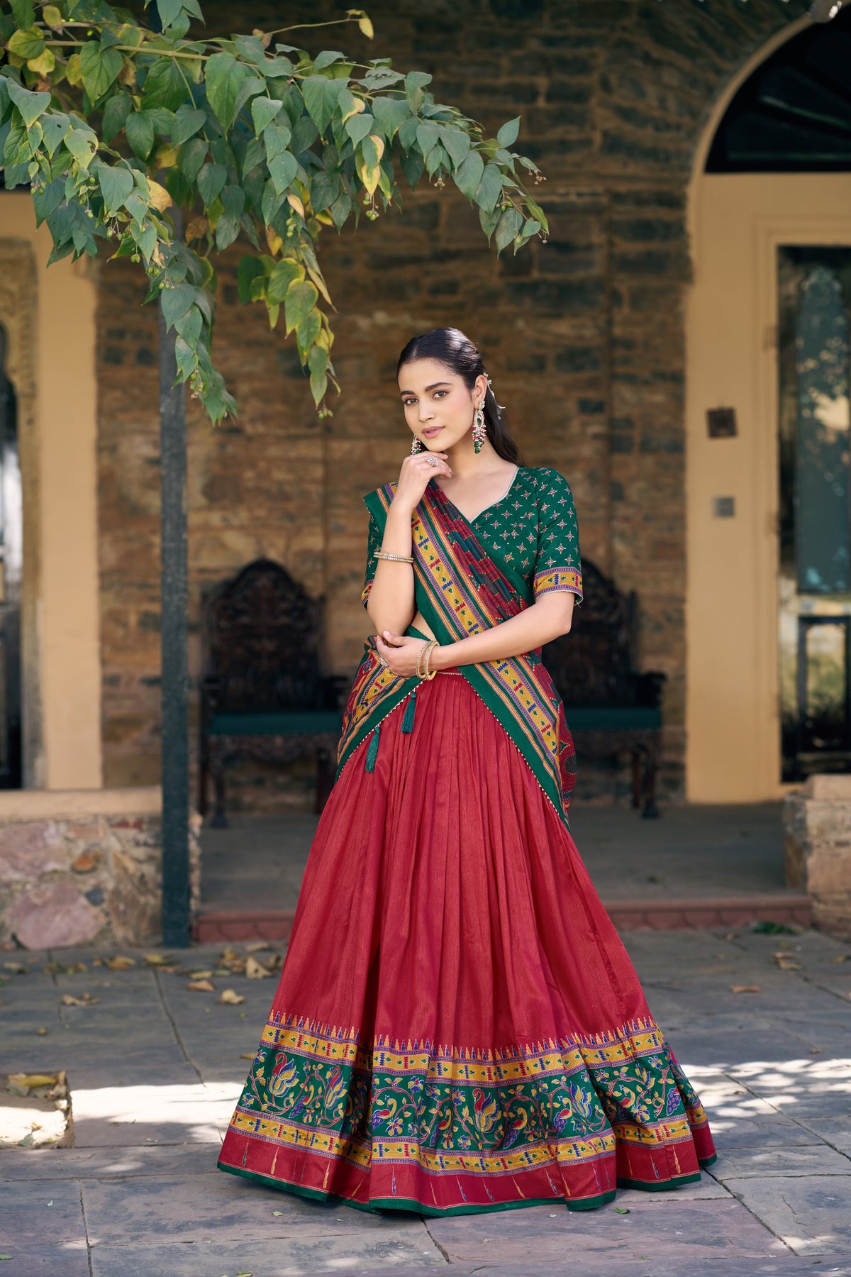 Red Tasar Silk Lehenga Choli Set with Iconic Sparkle Details