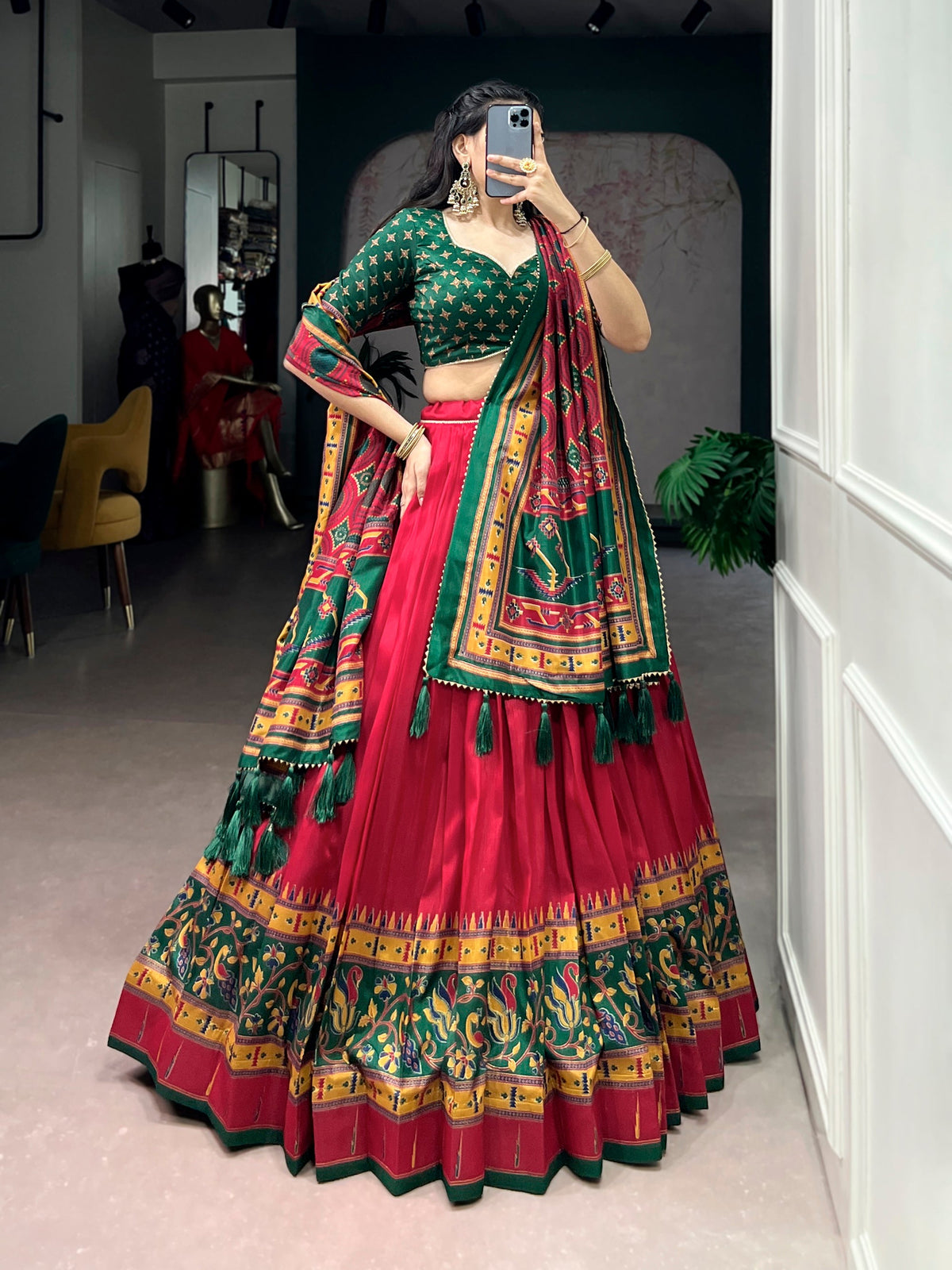 Red Tasar Silk Printed Lehenga Choli with Iconic Sparkle