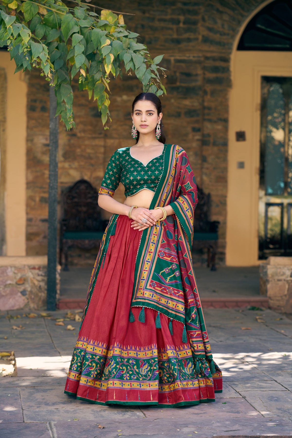 Red Tasar Silk Lehenga Choli Set with Iconic Sparkle Details