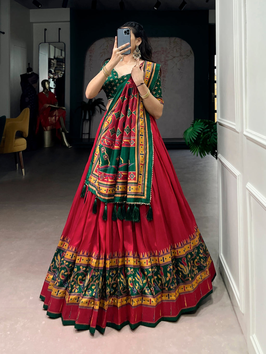 Red Tasar Silk Printed Lehenga Choli with Iconic Sparkle