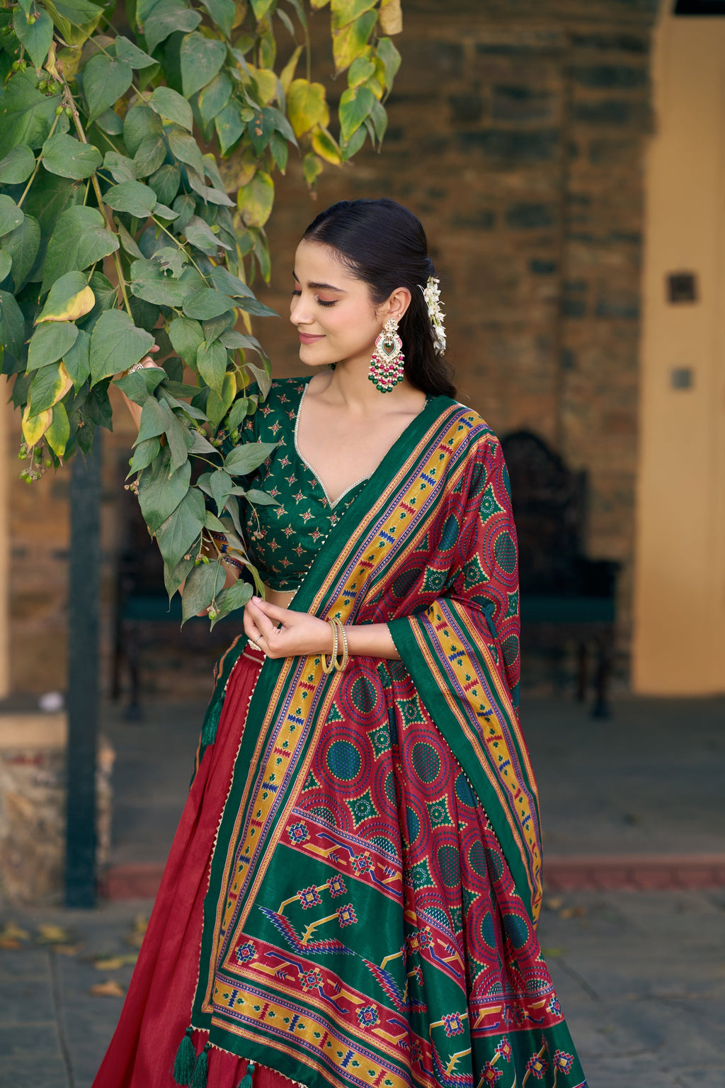 Red Tasar Silk Lehenga Choli Set with Iconic Sparkle Details