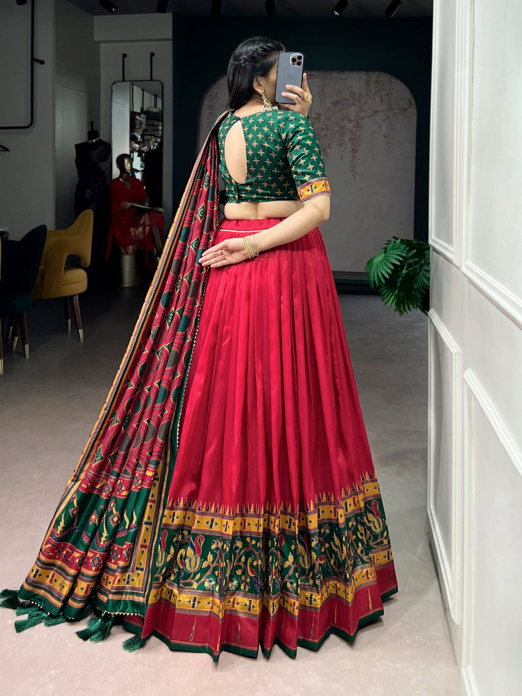 Red Tasar Silk Printed Lehenga Choli with Iconic Sparkle