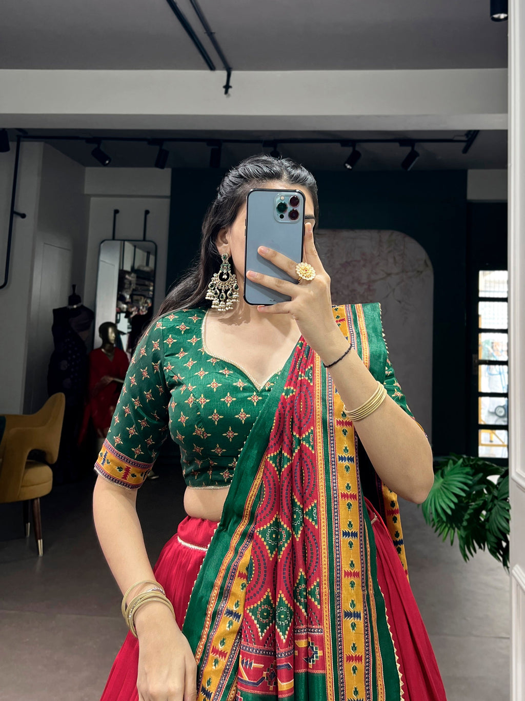 Red Tasar Silk Printed Lehenga Choli with Iconic Sparkle