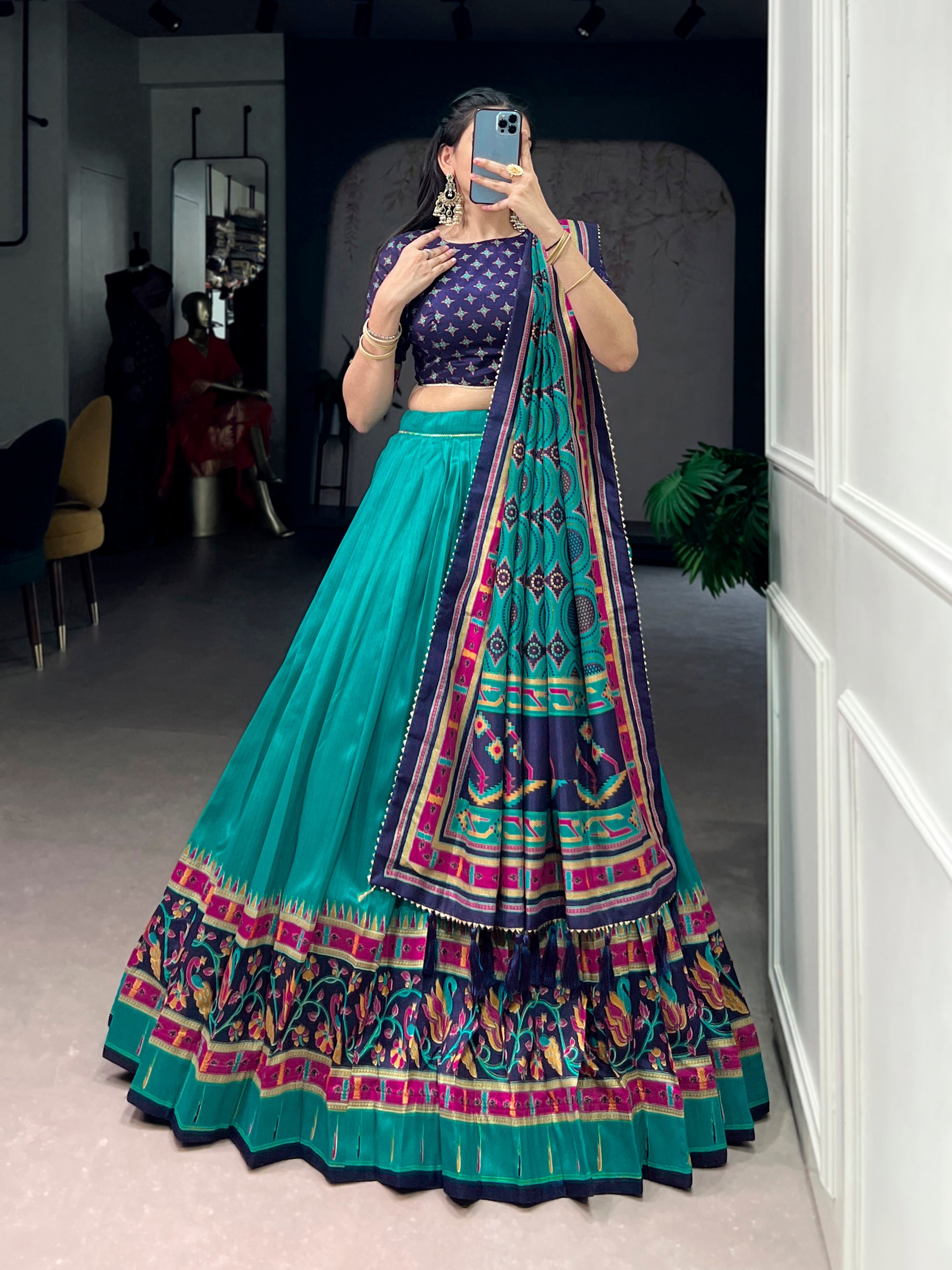 Skyblue Tasar Silk Printed Lehenga Choli with Iconic Sparkle