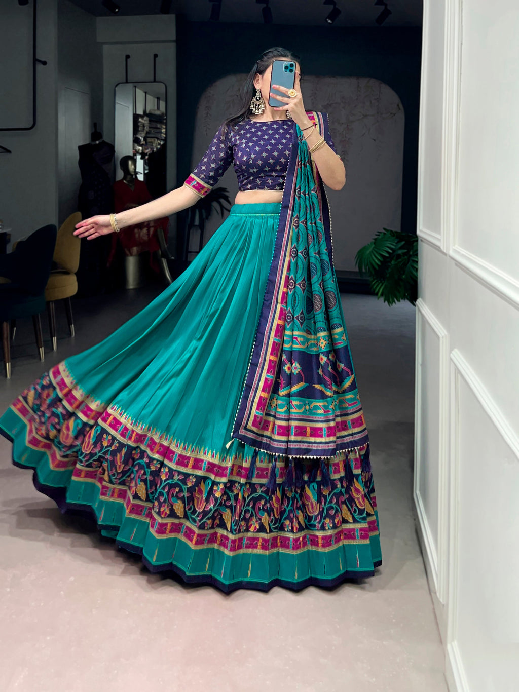 Skyblue Tasar Silk lehenga choli with printed details and iconic sparkle accents.