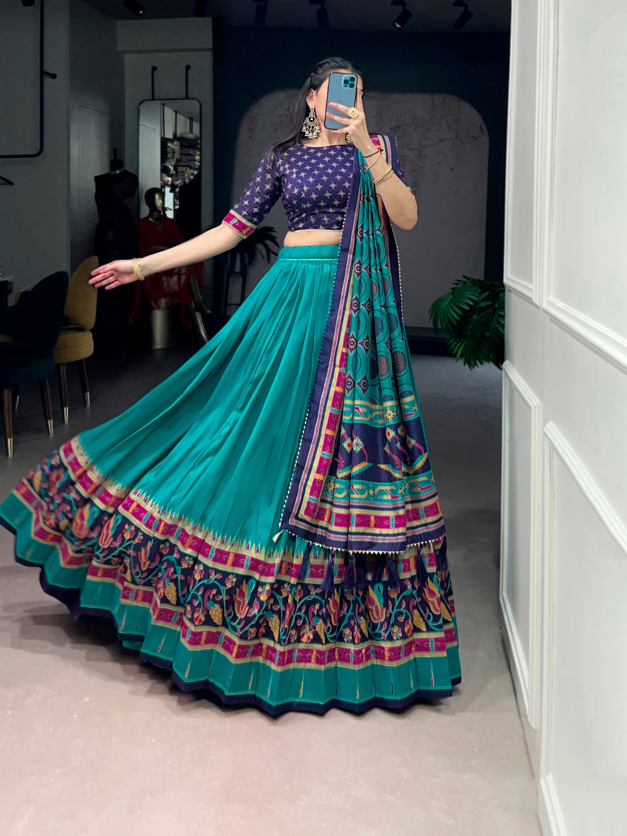 Skyblue Tasar Silk lehenga choli with printed details and iconic sparkle accents.