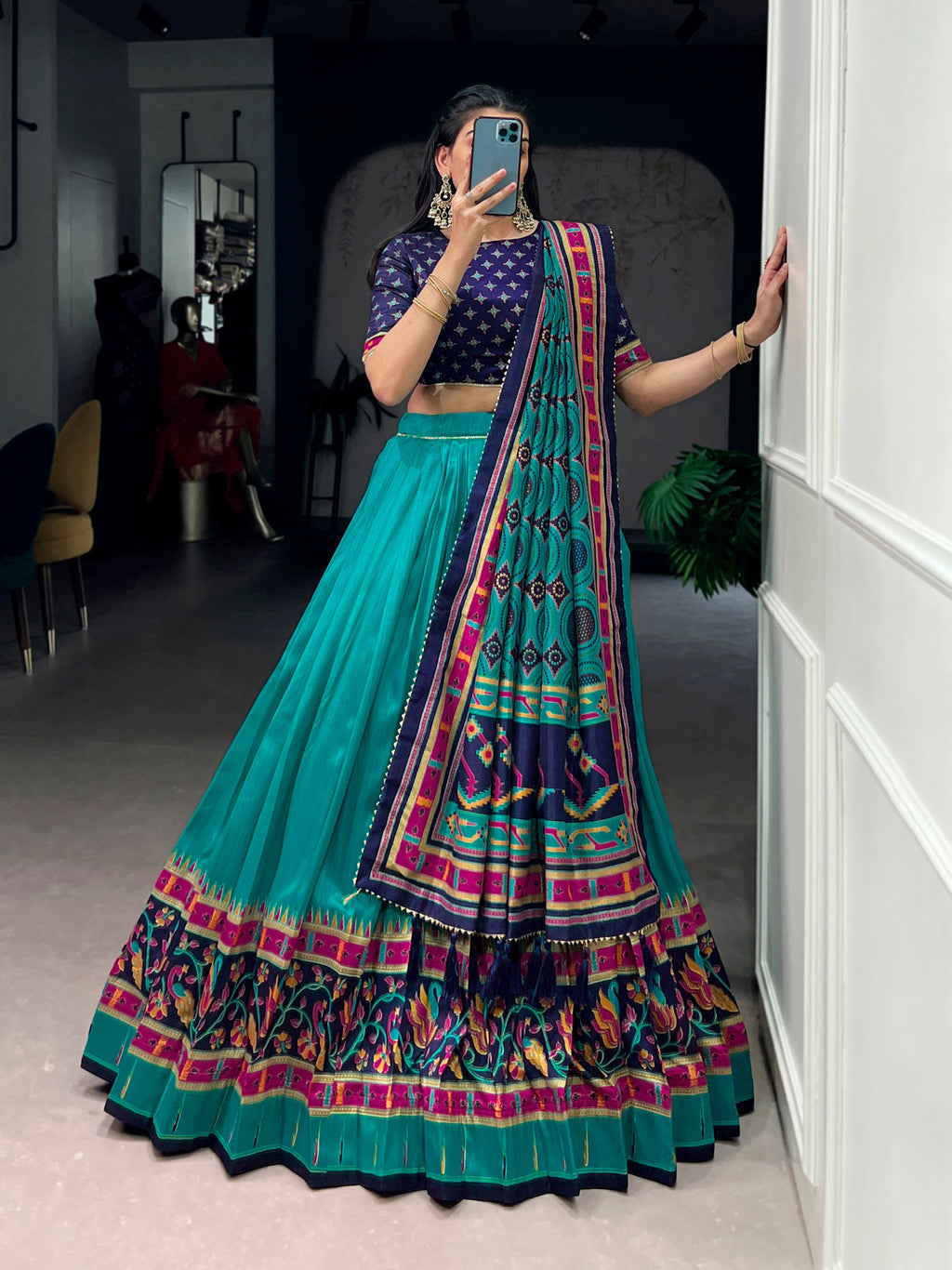 Skyblue Tasar Silk Printed Lehenga Choli with Iconic Sparkle