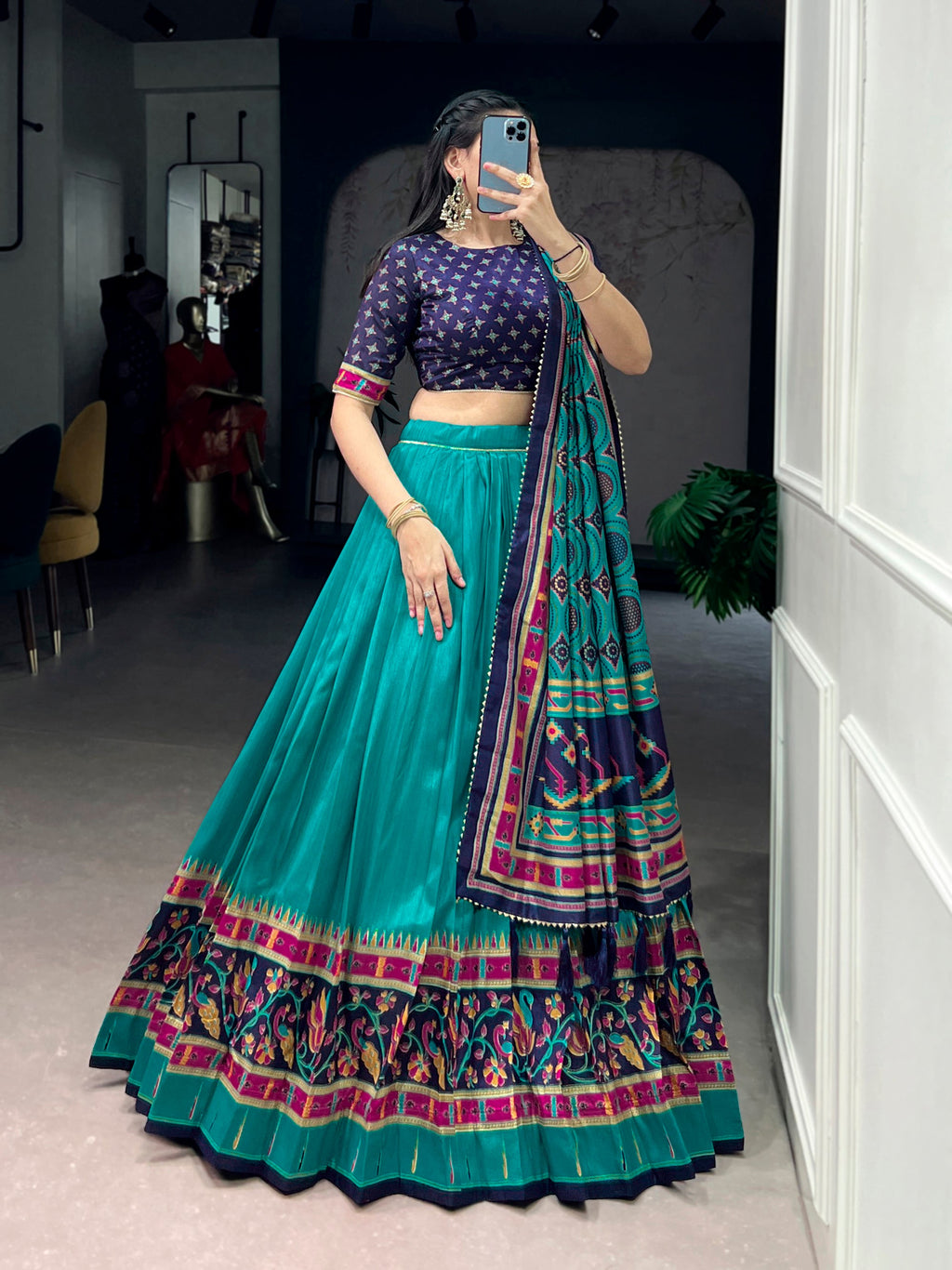 Skyblue Tasar Silk Printed Lehenga Choli with Iconic Sparkle