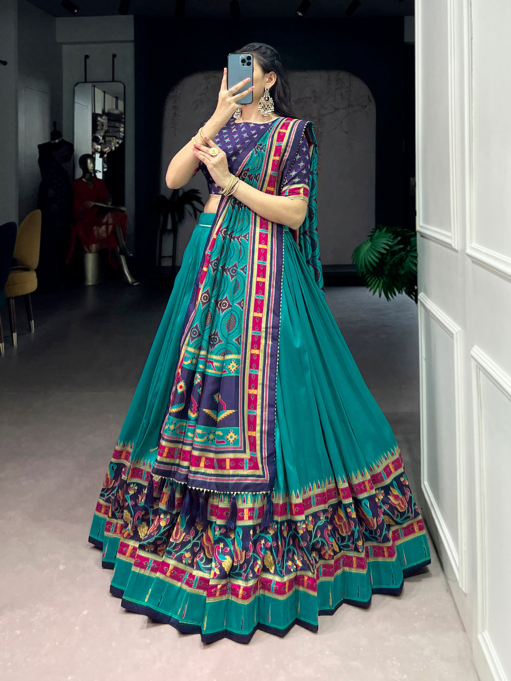 Skyblue Tasar Silk Printed Lehenga Choli with Iconic Sparkle