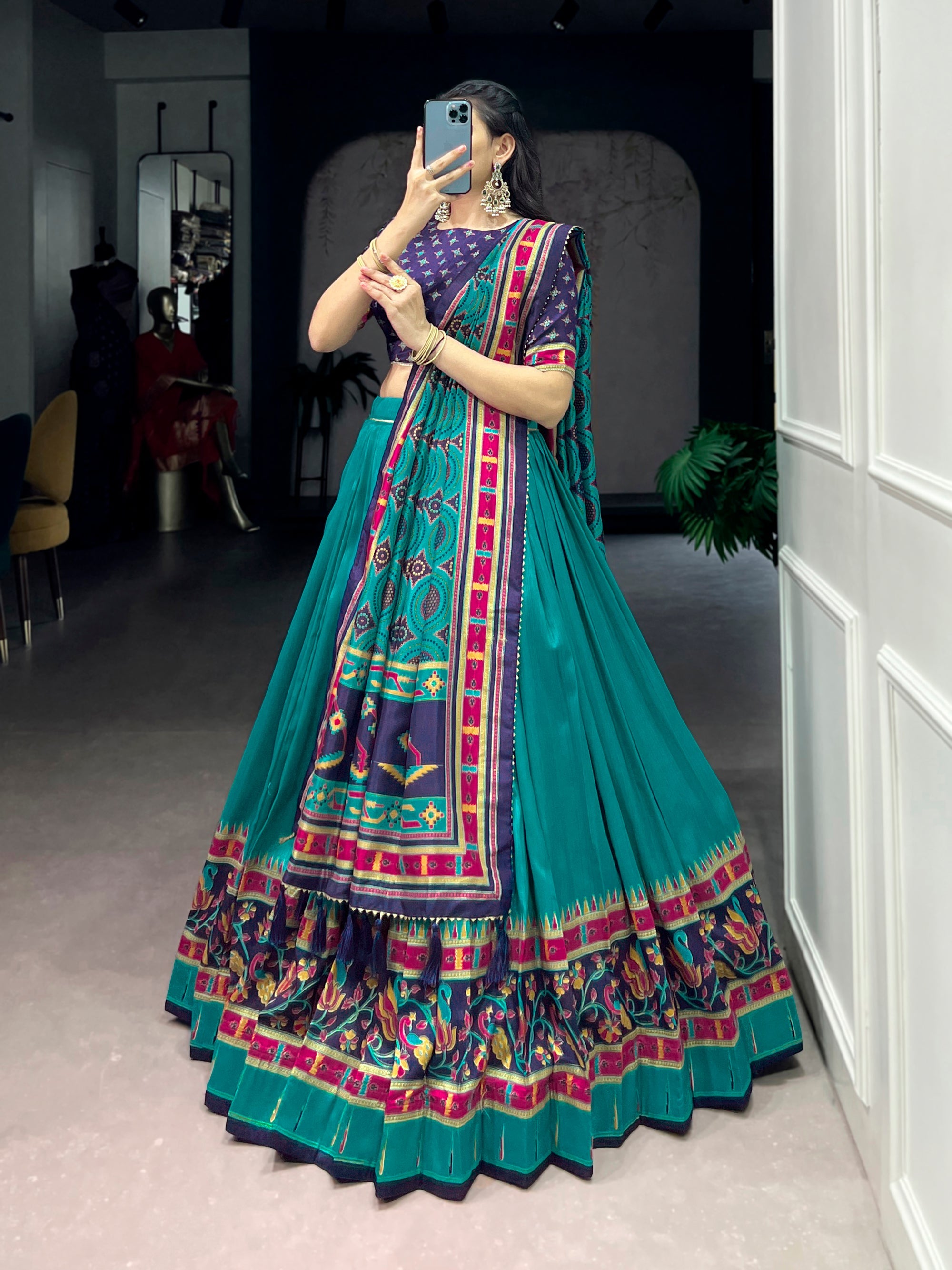 Skyblue Tasar Silk Printed Lehenga Choli with Iconic Sparkle