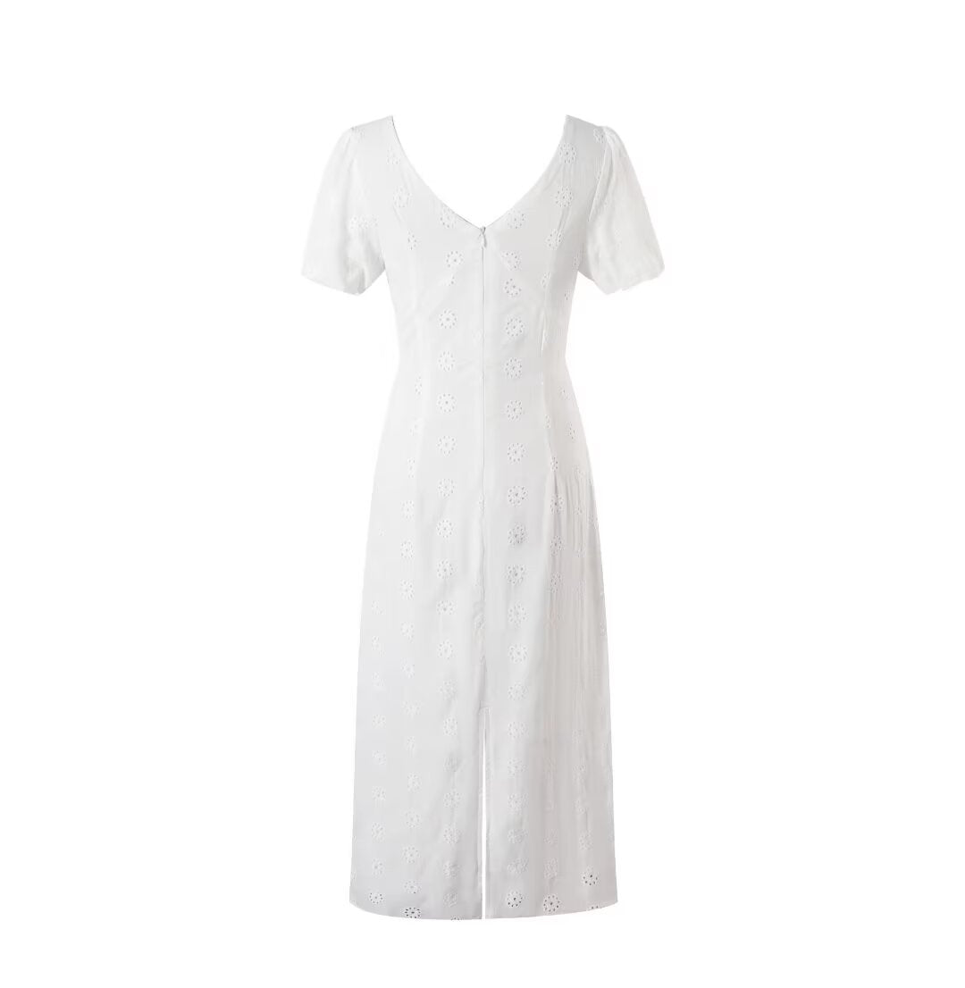 Summer High Grade Embroidered Dress Women Elegant Tied Waist Trimming Short Sleeved Long Dress