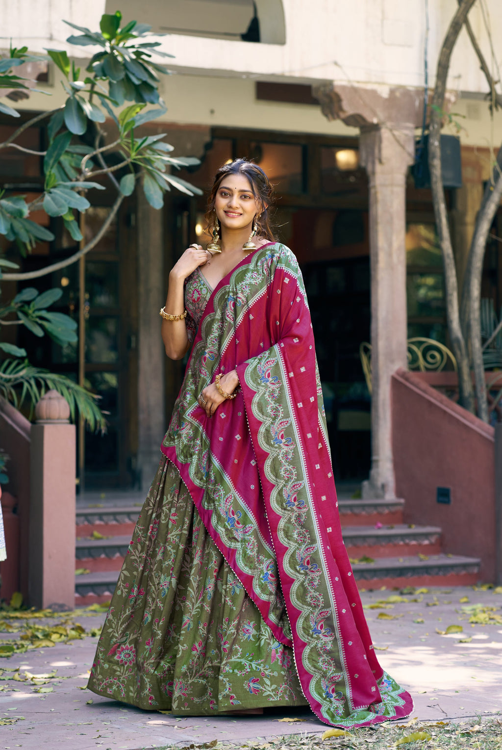 Green Tasar silk lehenga choli with golden foil printed motifs