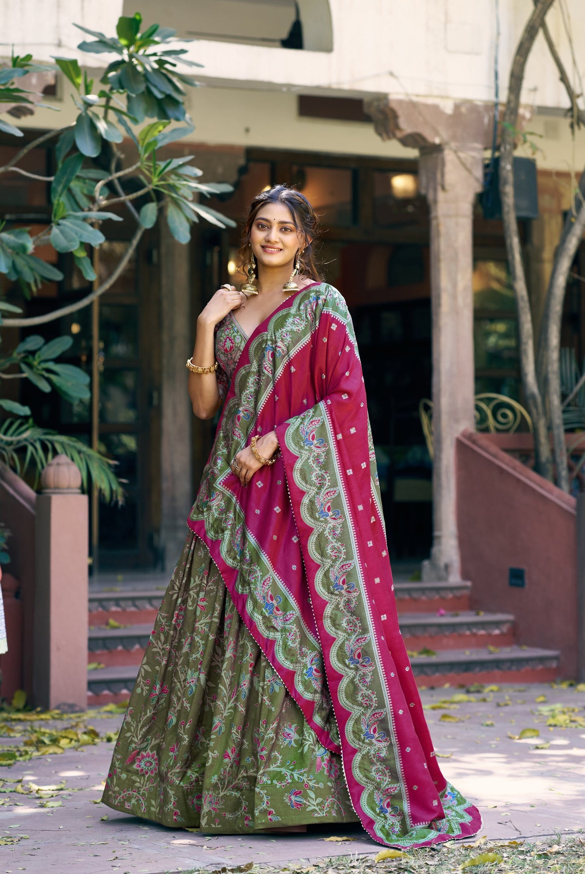Green Tasar silk lehenga choli with golden foil printed motifs