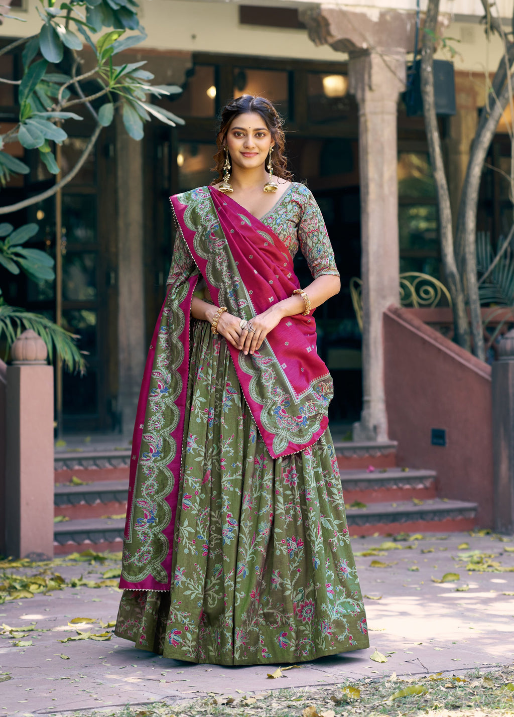Green Tasar Silk Gilded Motif Foil Printed Lehenga Choli