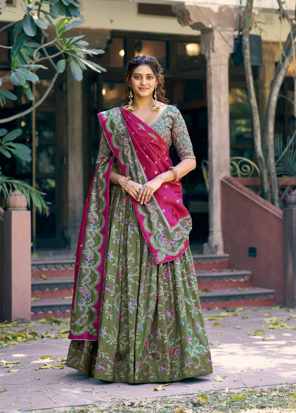Green Tasar Silk Gilded Motif Foil Printed Lehenga Choli