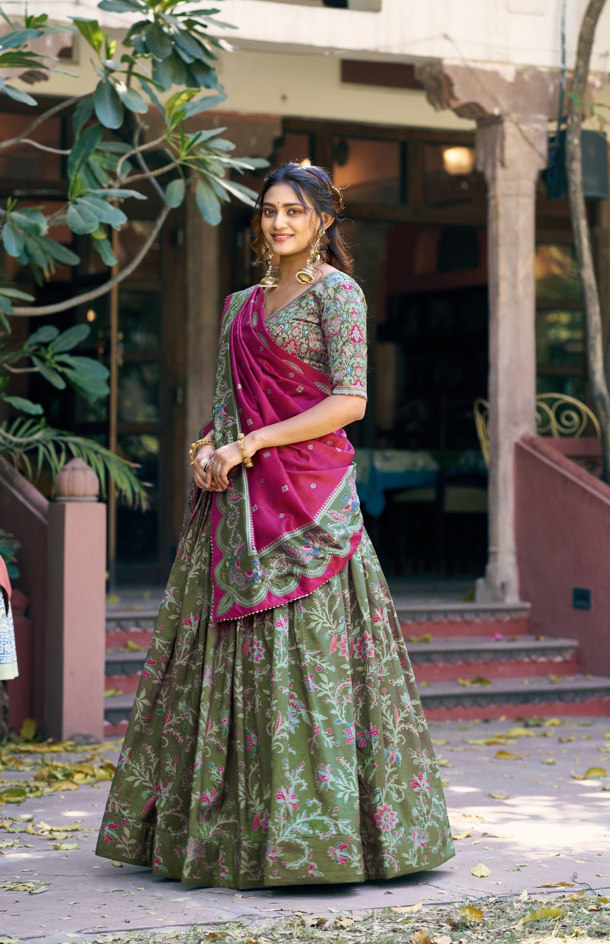 Green Tasar Silk Gilded Motif Foil Printed Lehenga Choli