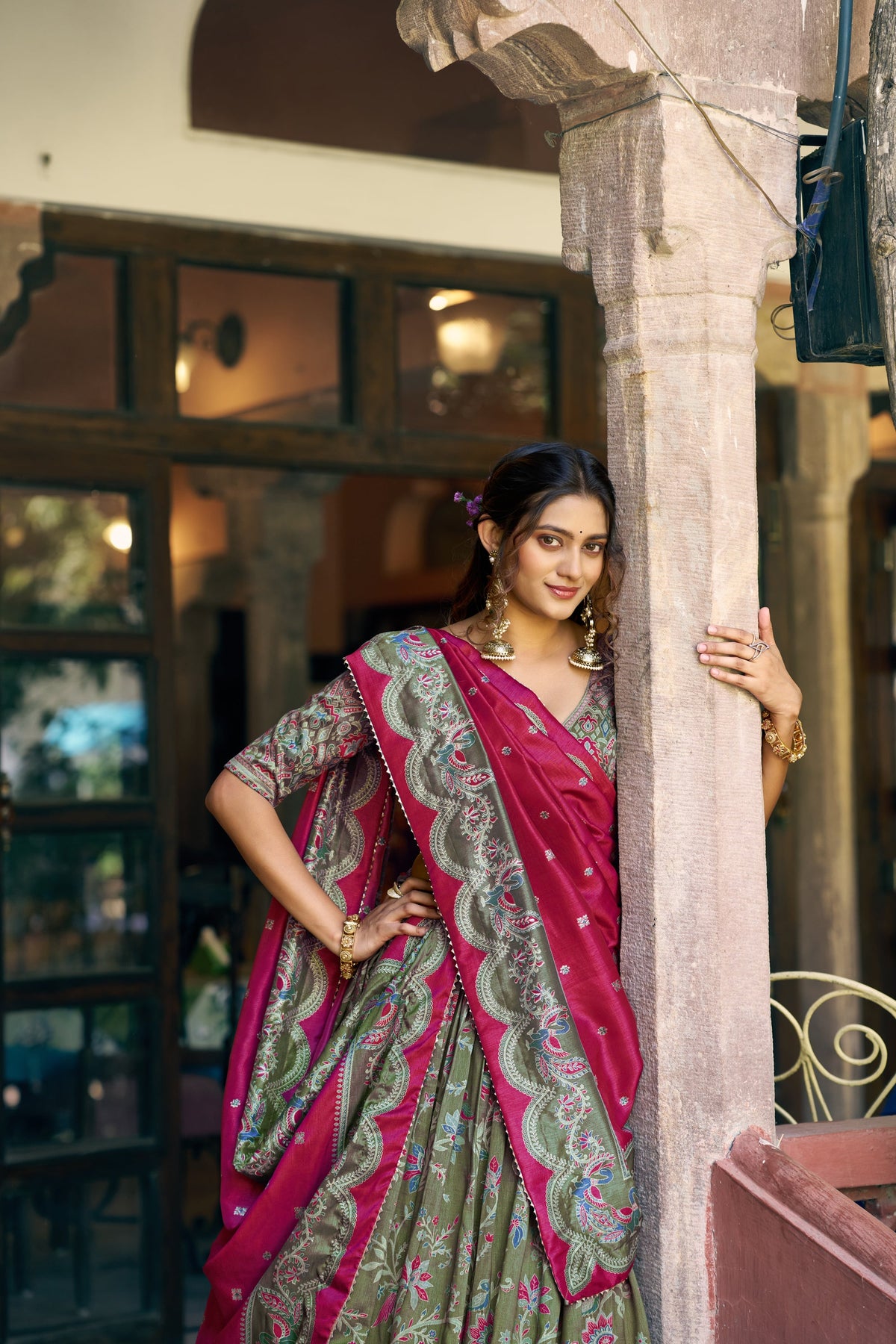Green Tasar Silk Gilded Motif Foil Printed Lehenga Choli
