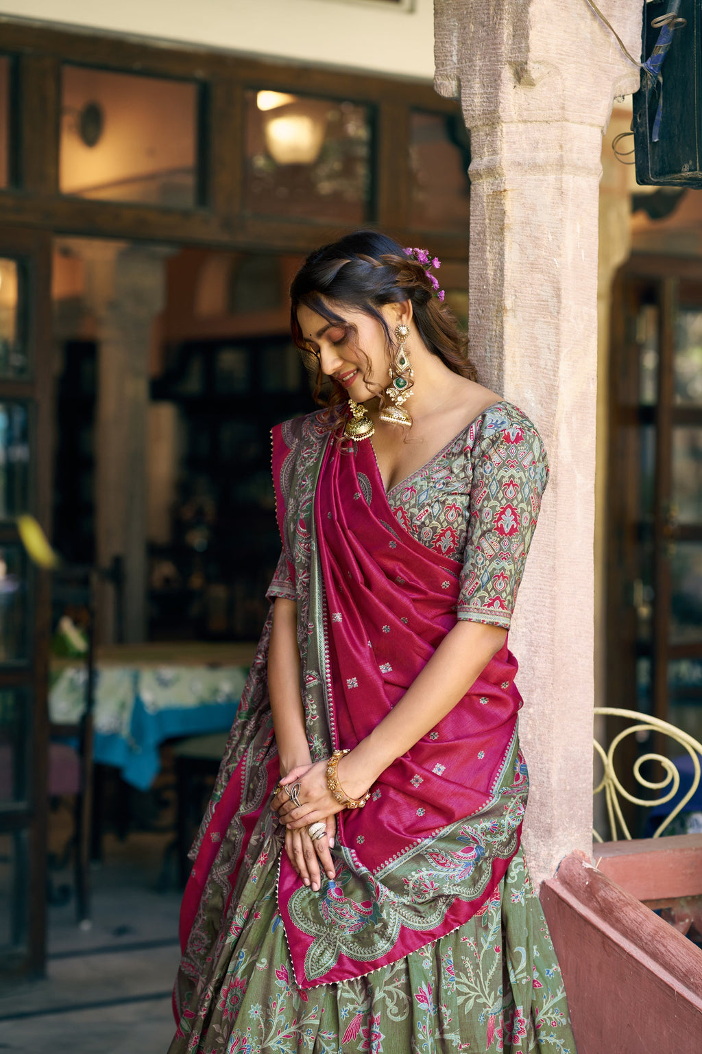 Green Tasar Silk Gilded Motif Foil Printed Lehenga Choli