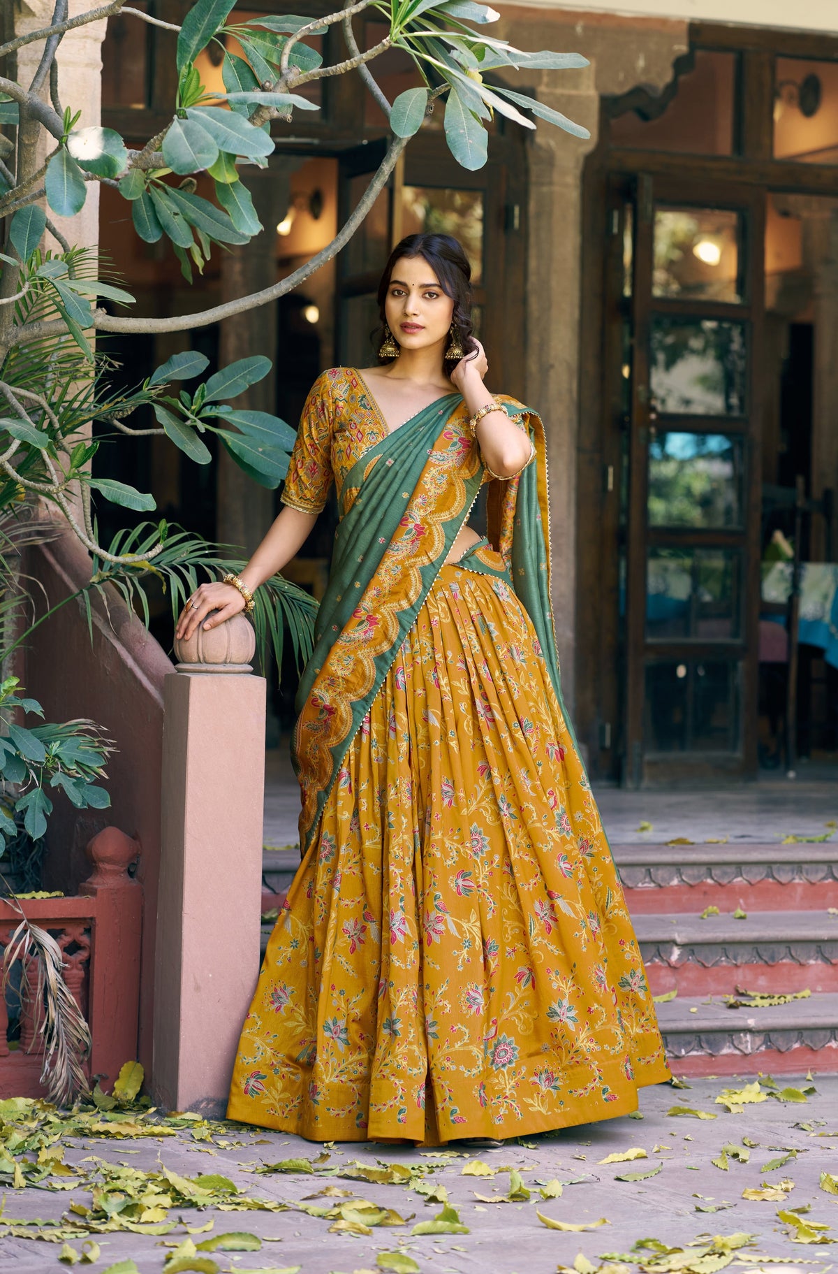 Mustard Tasar silk lehenga choli with gilded foil printed motifs