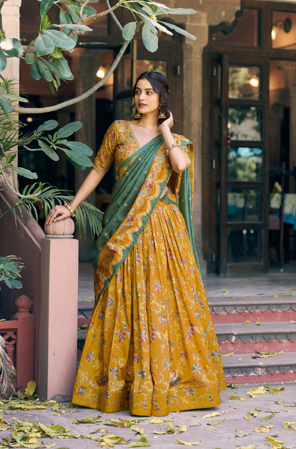 Mustard Tasar Silk Foil Printed Lehenga Choli with Gilded Motifs