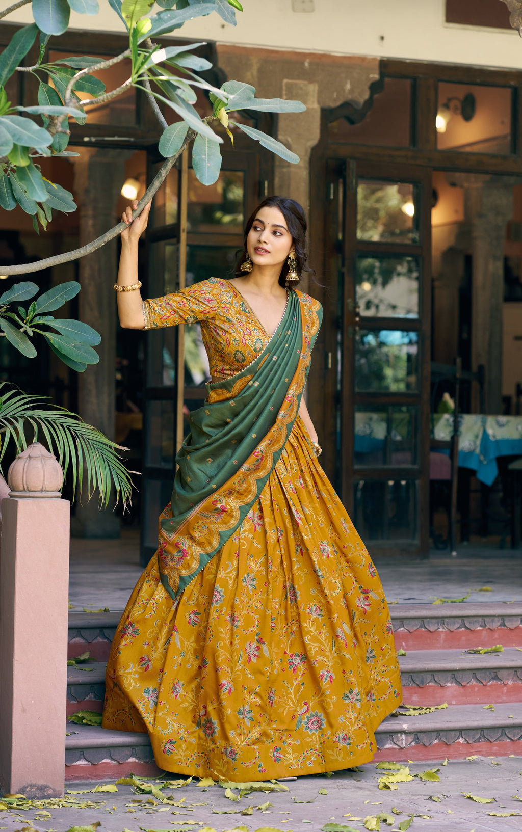 Mustard Tasar Silk Foil Printed Lehenga Choli with Gilded Motifs