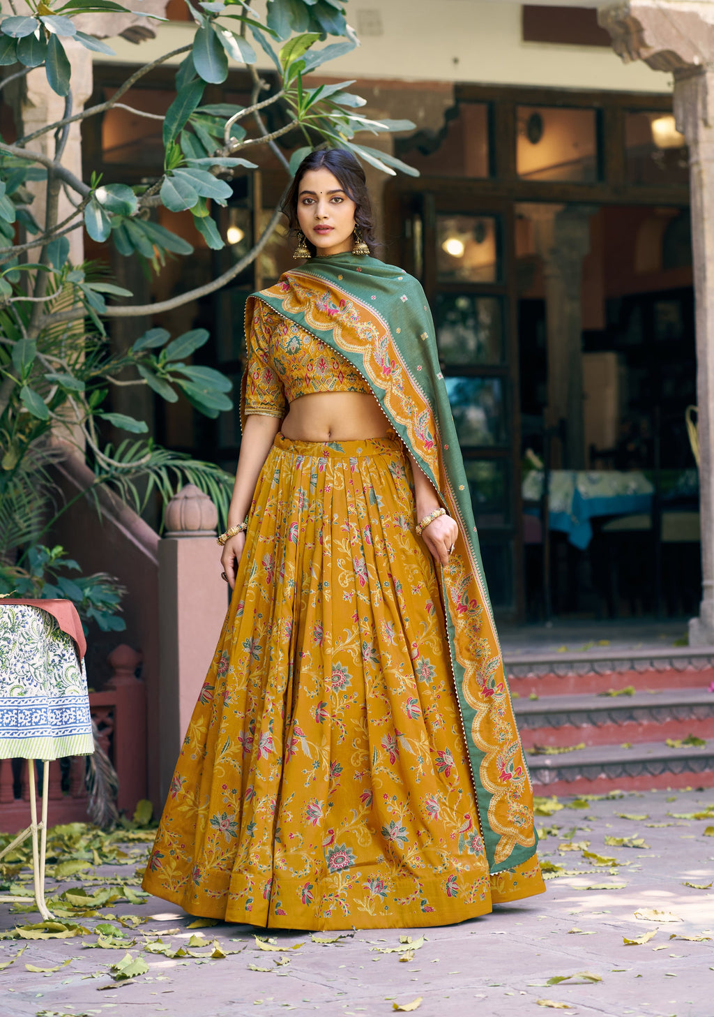 Mustard Tasar Silk Foil Printed Lehenga Choli with Gilded Motifs