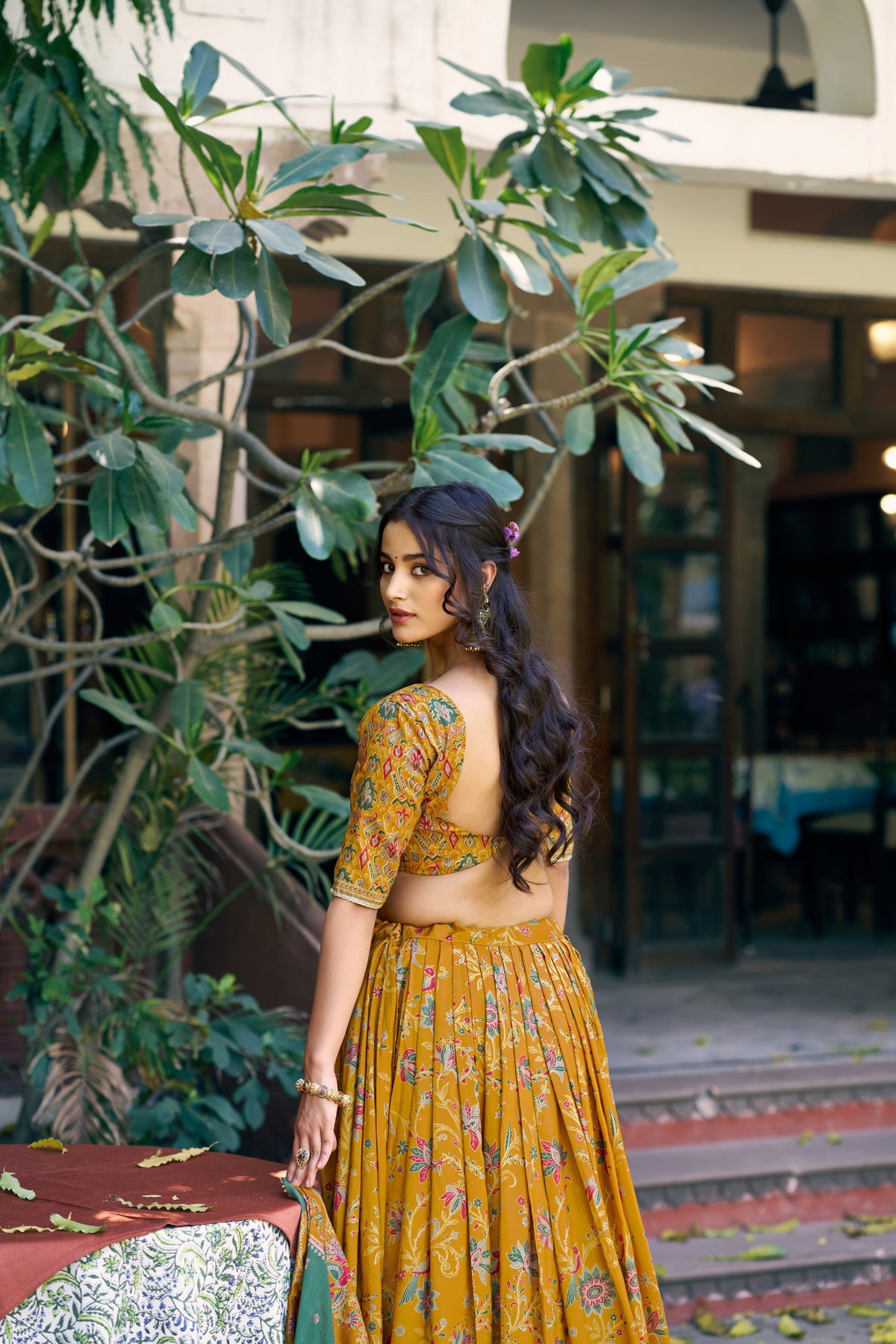 Mustard Tasar Silk Foil Printed Lehenga Choli with Gilded Motifs