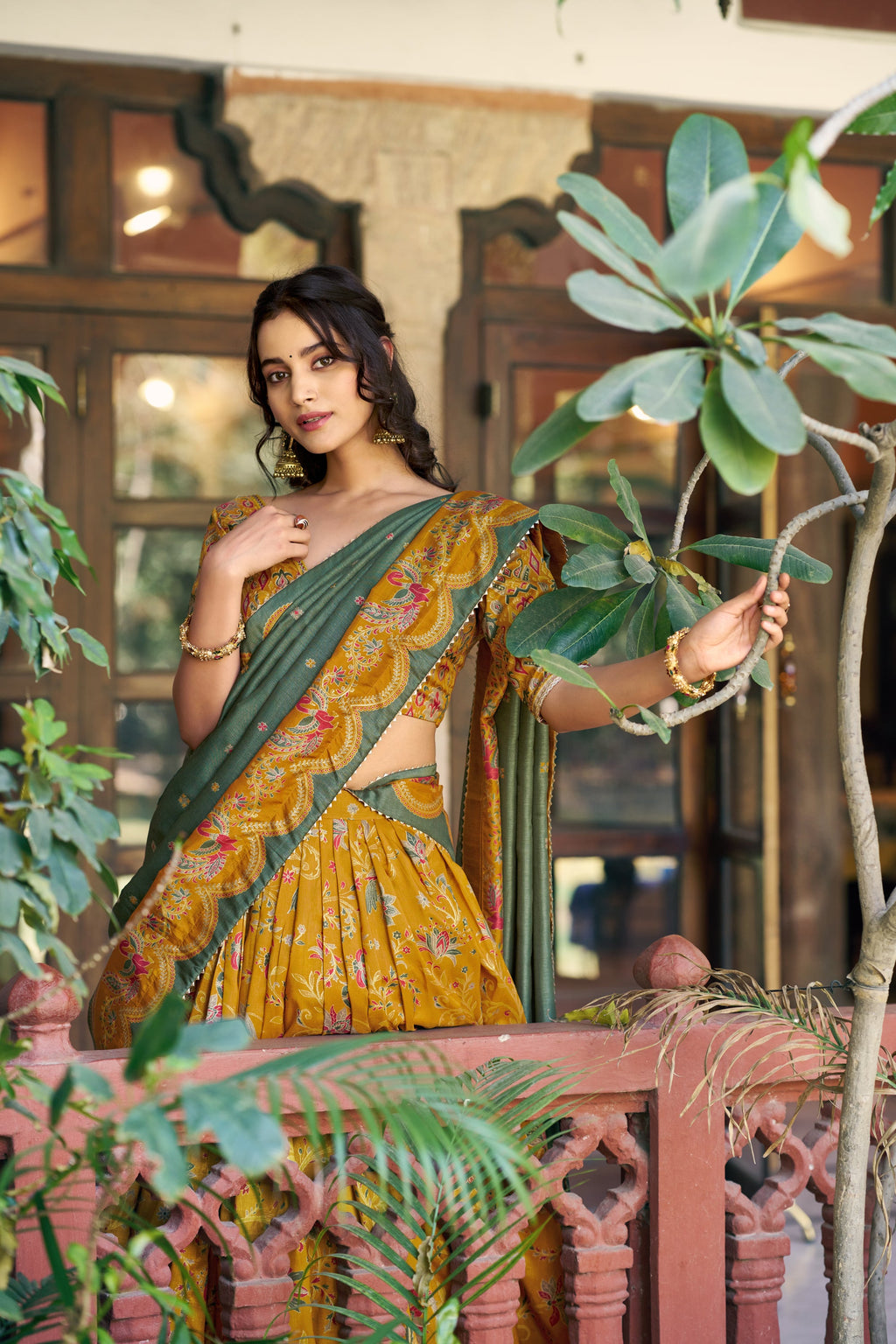 Mustard Tasar Silk Foil Printed Lehenga Choli with Gilded Motifs
