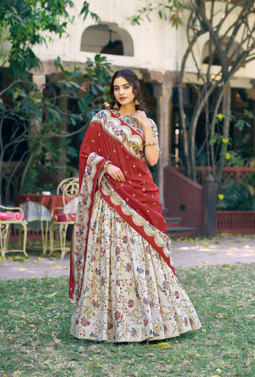 Offwhite Tasar Silk Lehenga Choli with Gilded Foil Print