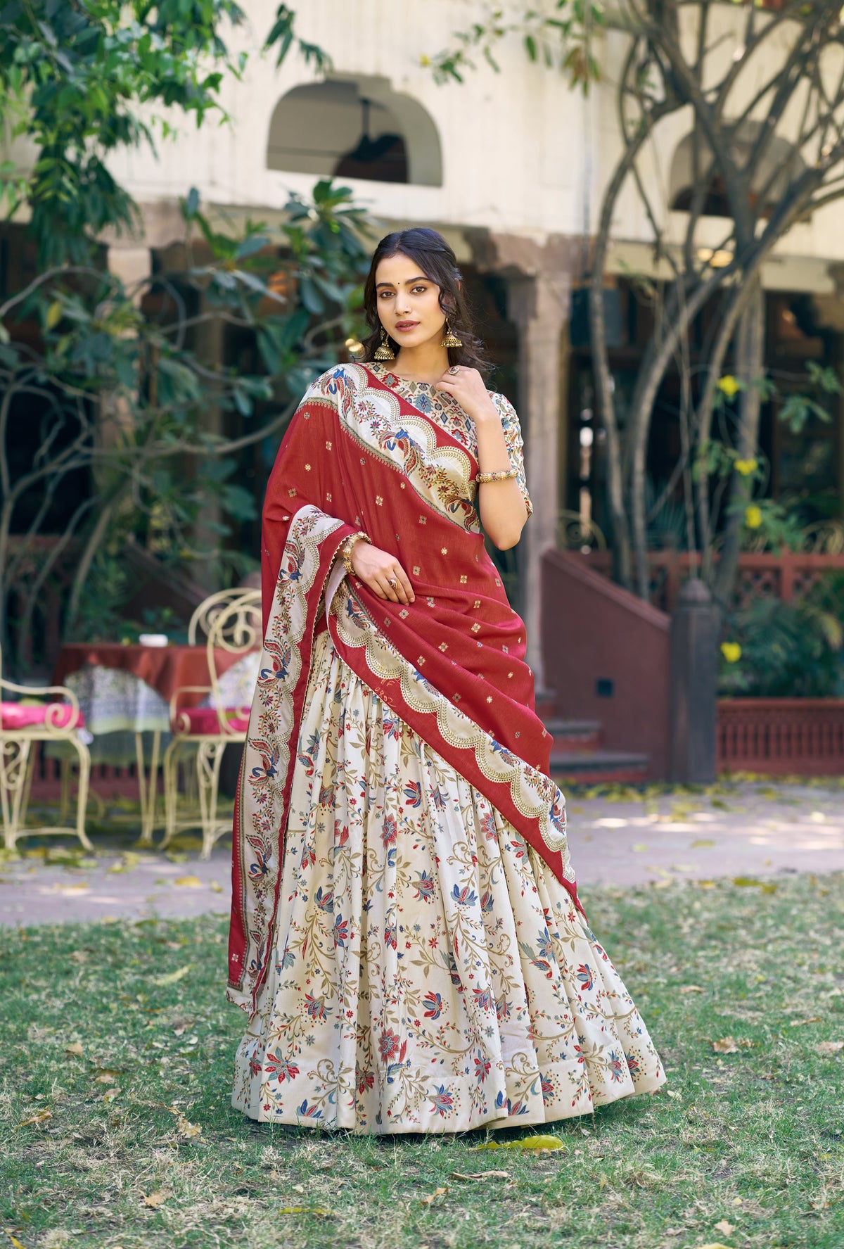 Offwhite Tasar Silk Lehenga Choli with Gilded Foil Print