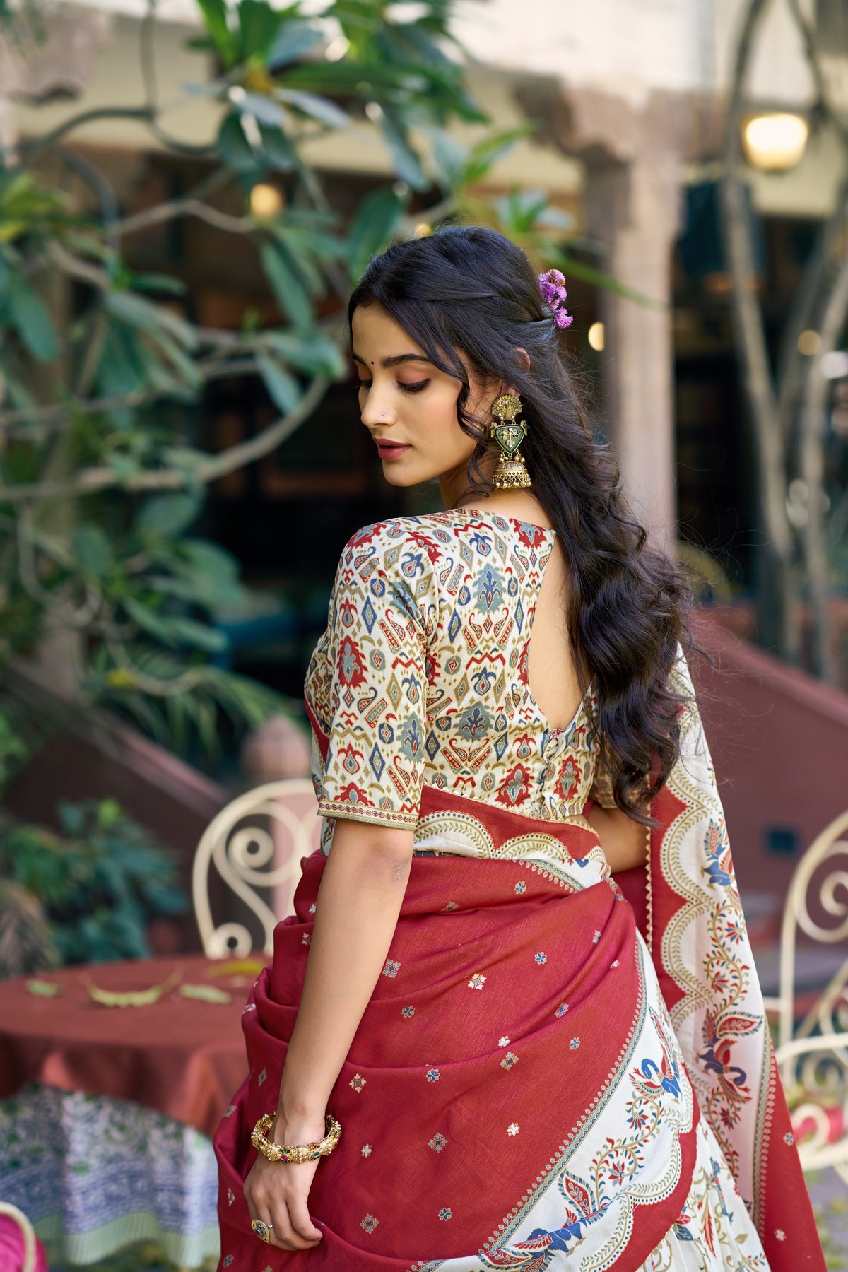 Offwhite Tasar Silk Lehenga Choli with Gilded Foil Print